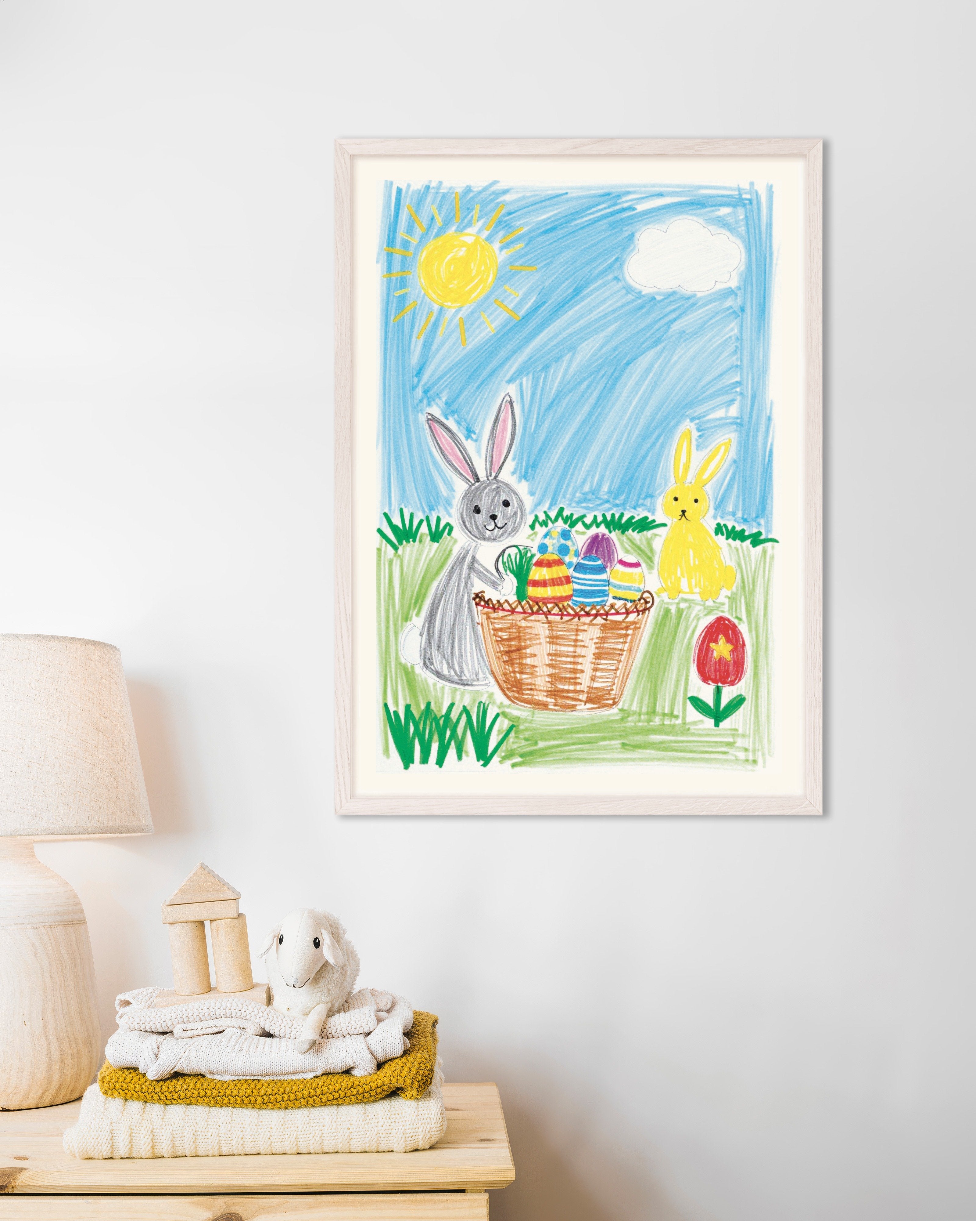 Poster of Easter Bunny Basket – Crayon Style Poster, with white wooden frame