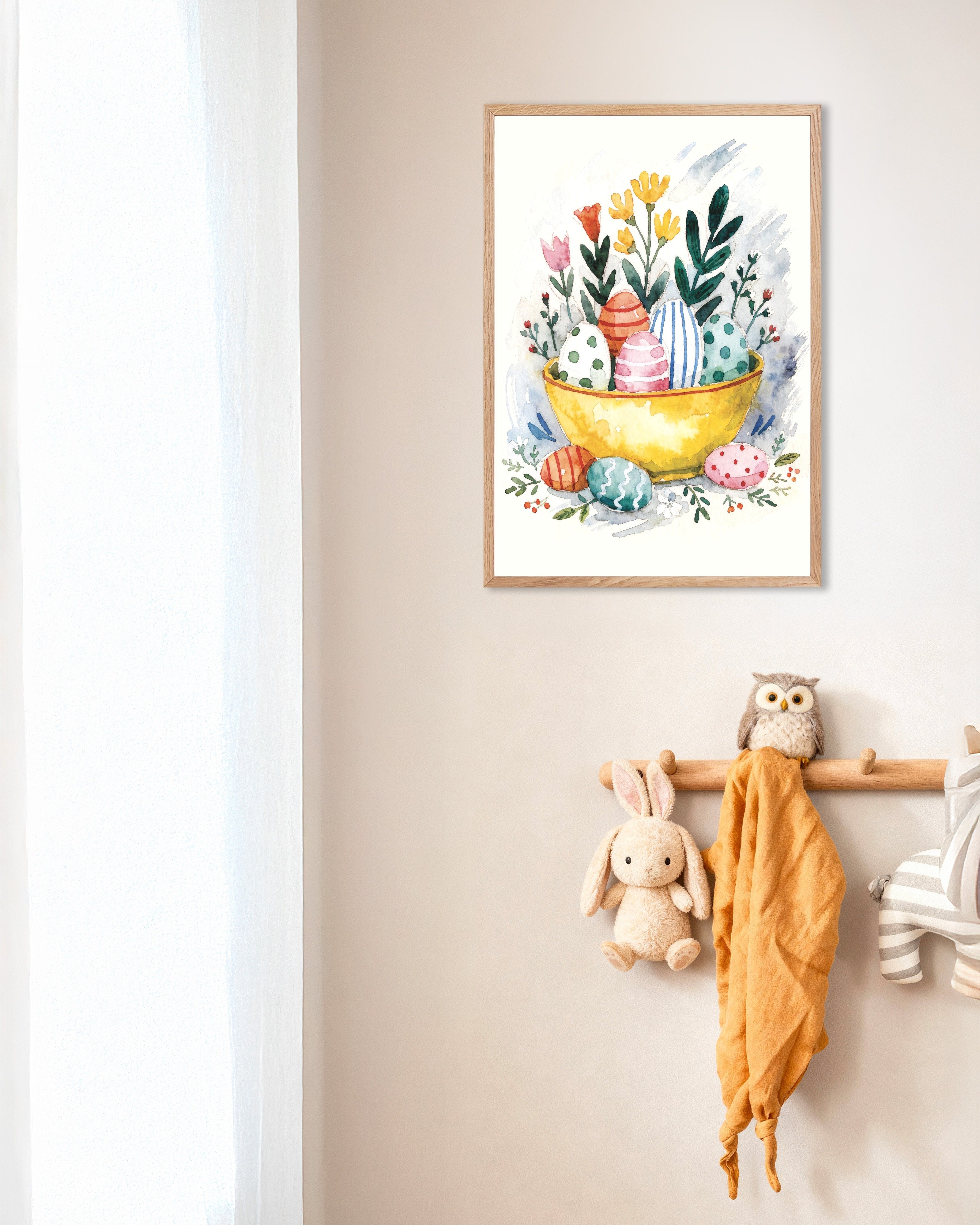 Poster of Easter Eggs in Yellow Bowl Watercolor Poster, with natural wooden frame