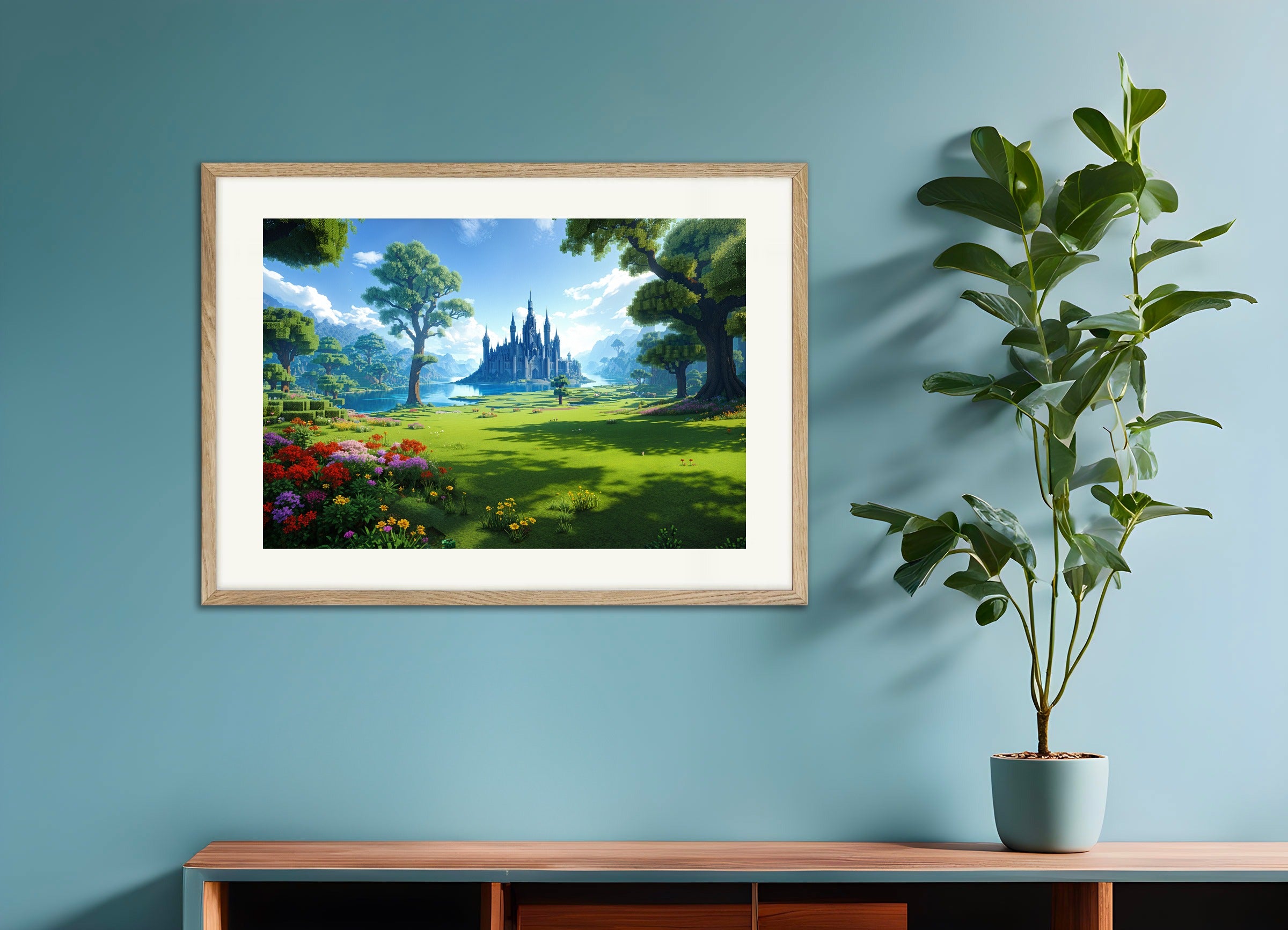 ナチュラルウッドフレームのポスター：マインクラフトの城、美しい風景