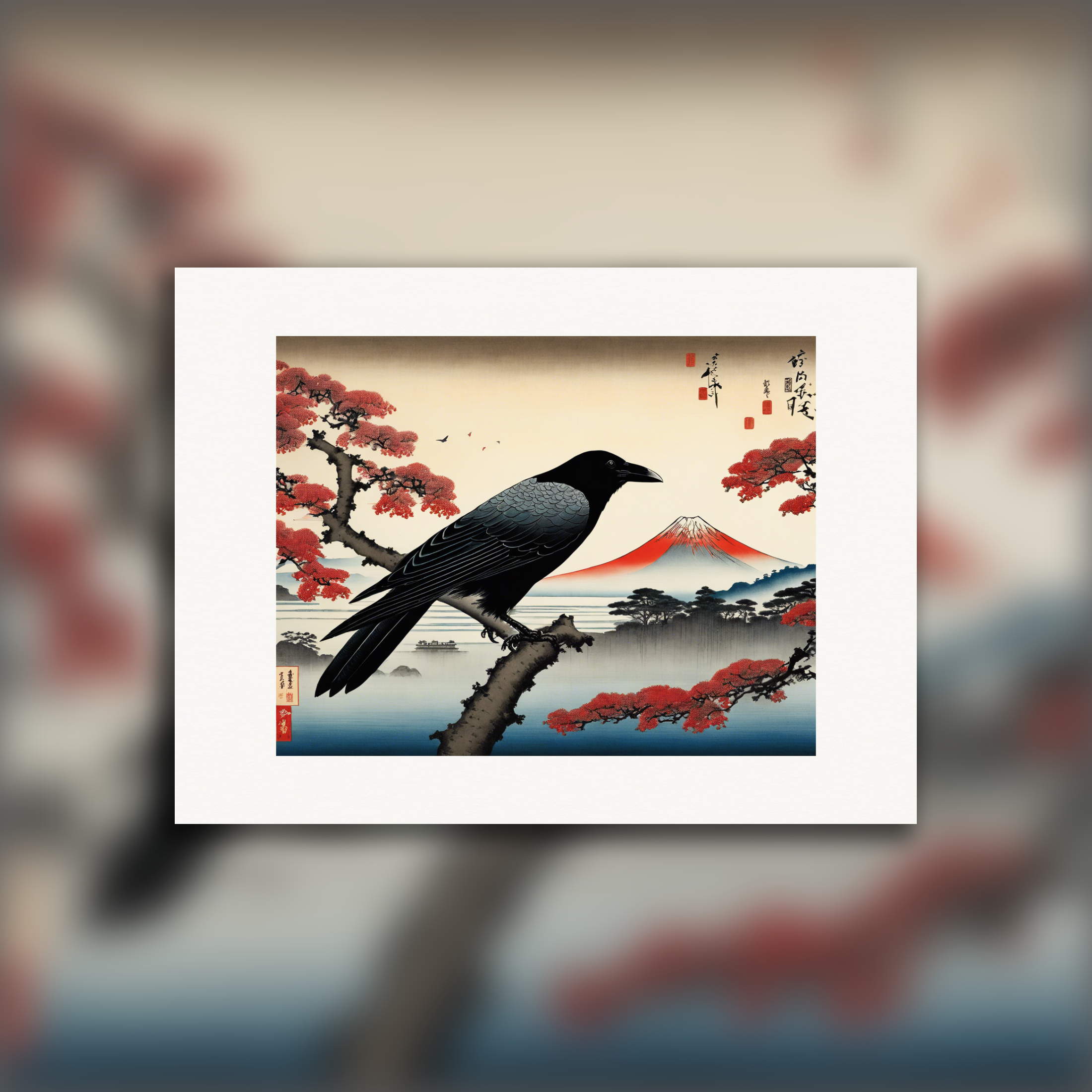 詩的な浮世絵の風景、儚い瞬間、カラス - ポスター