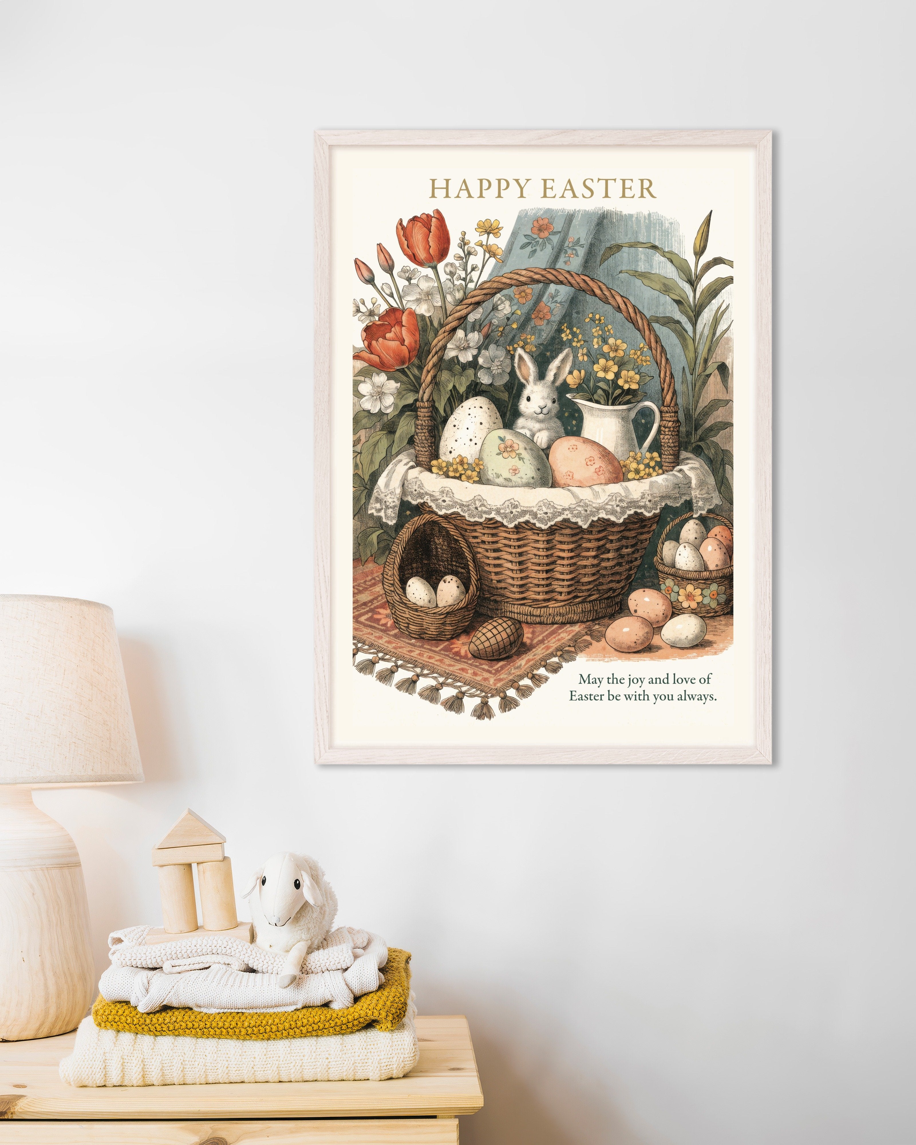 Poster of Happy Easter Basket Bunny Poster, with white wooden frame
