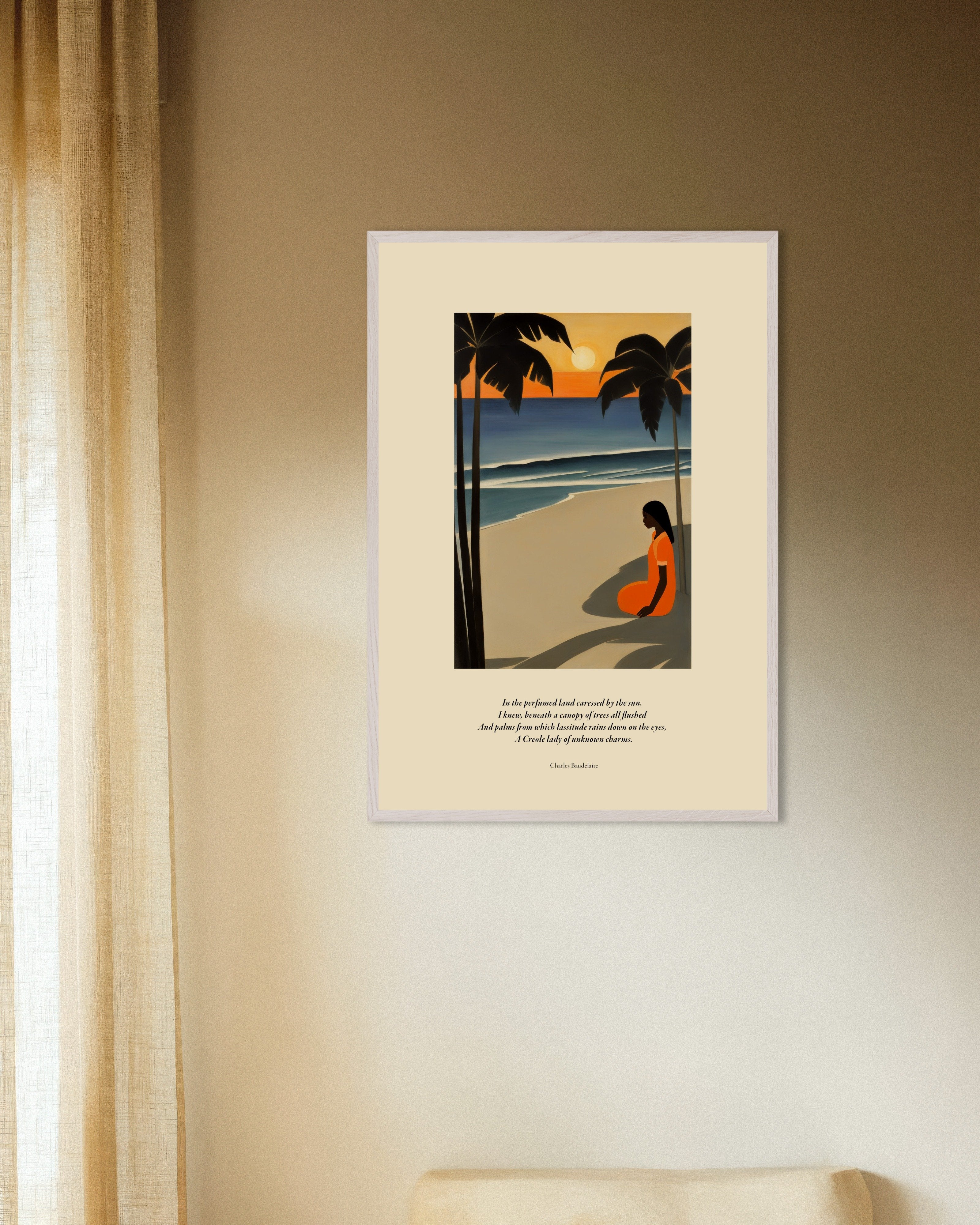 Poster of In the perfumed land caressed by the sun, Baudelaire, with white wooden frame
