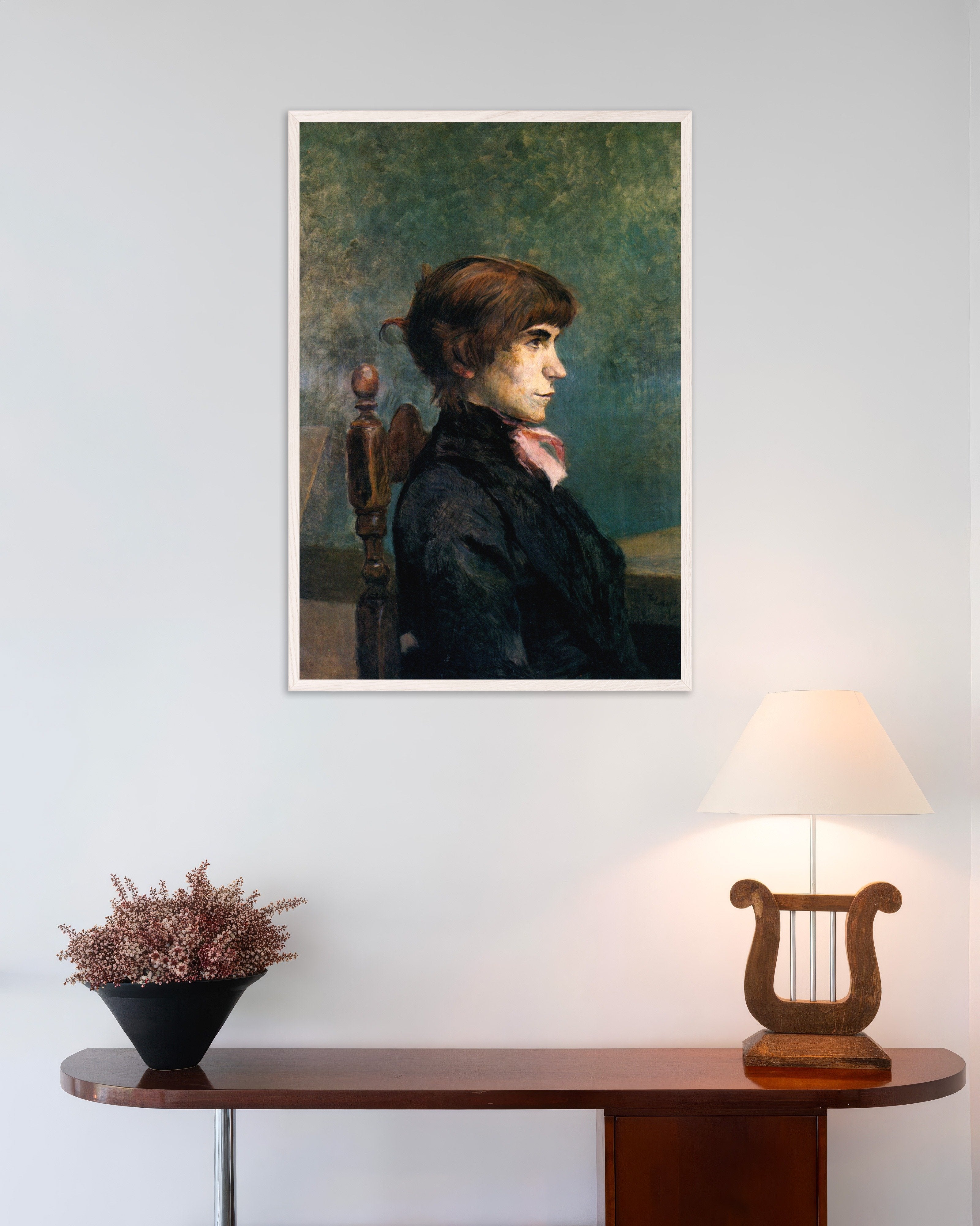 Poster of Jeanne Wenz by Henri de Toulouse-Lautrec, 1886, with white wooden frame