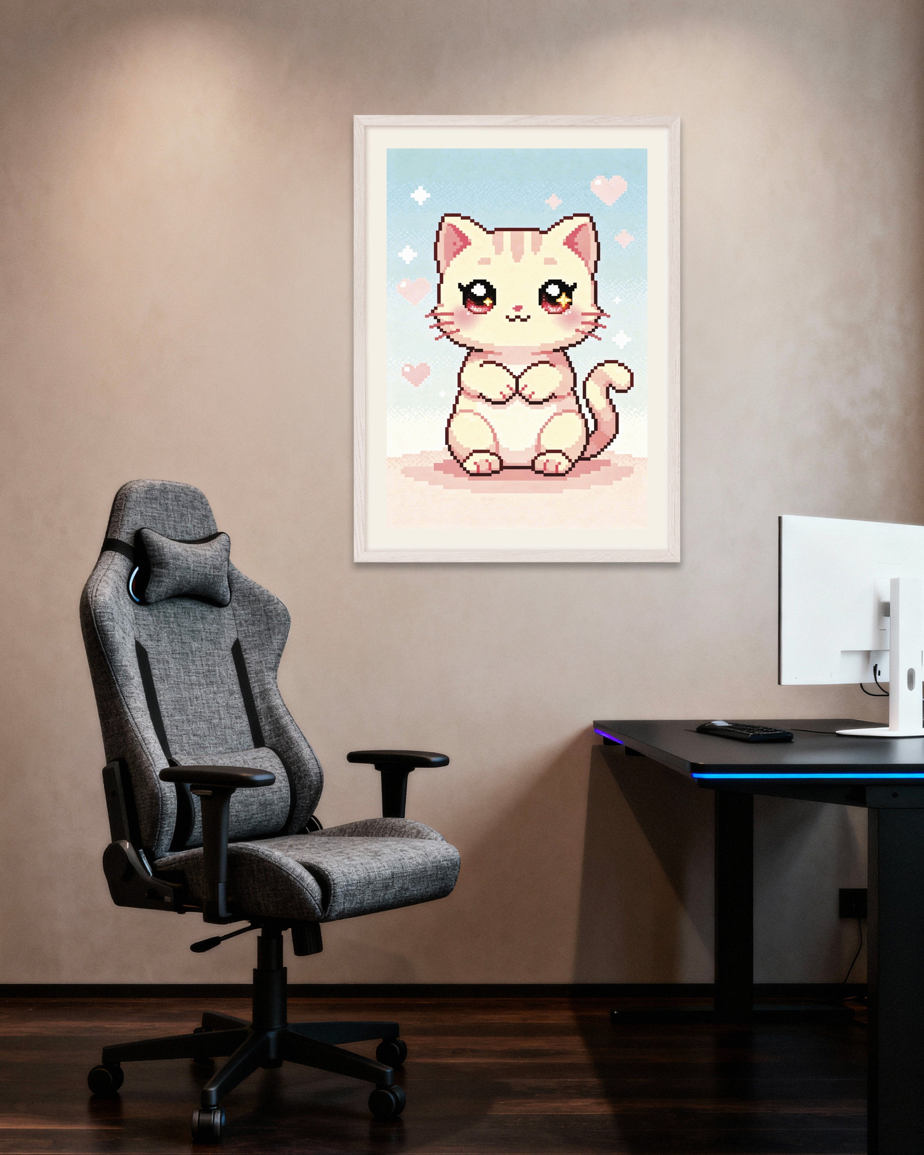 Poster of Kawaii Pixel Cat, with white wooden frame