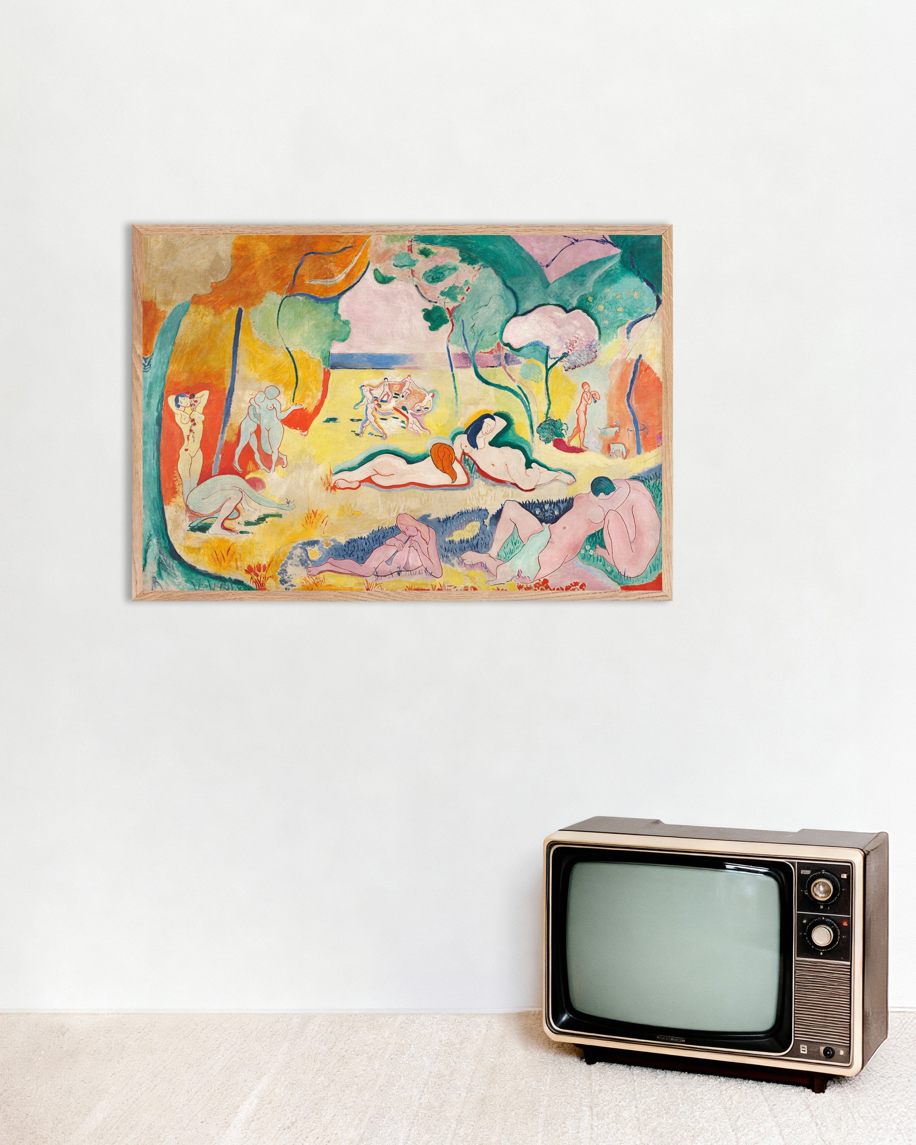 Poster of Le bonheur de vivre (1905) by Henri Matisse, with natural wooden frame