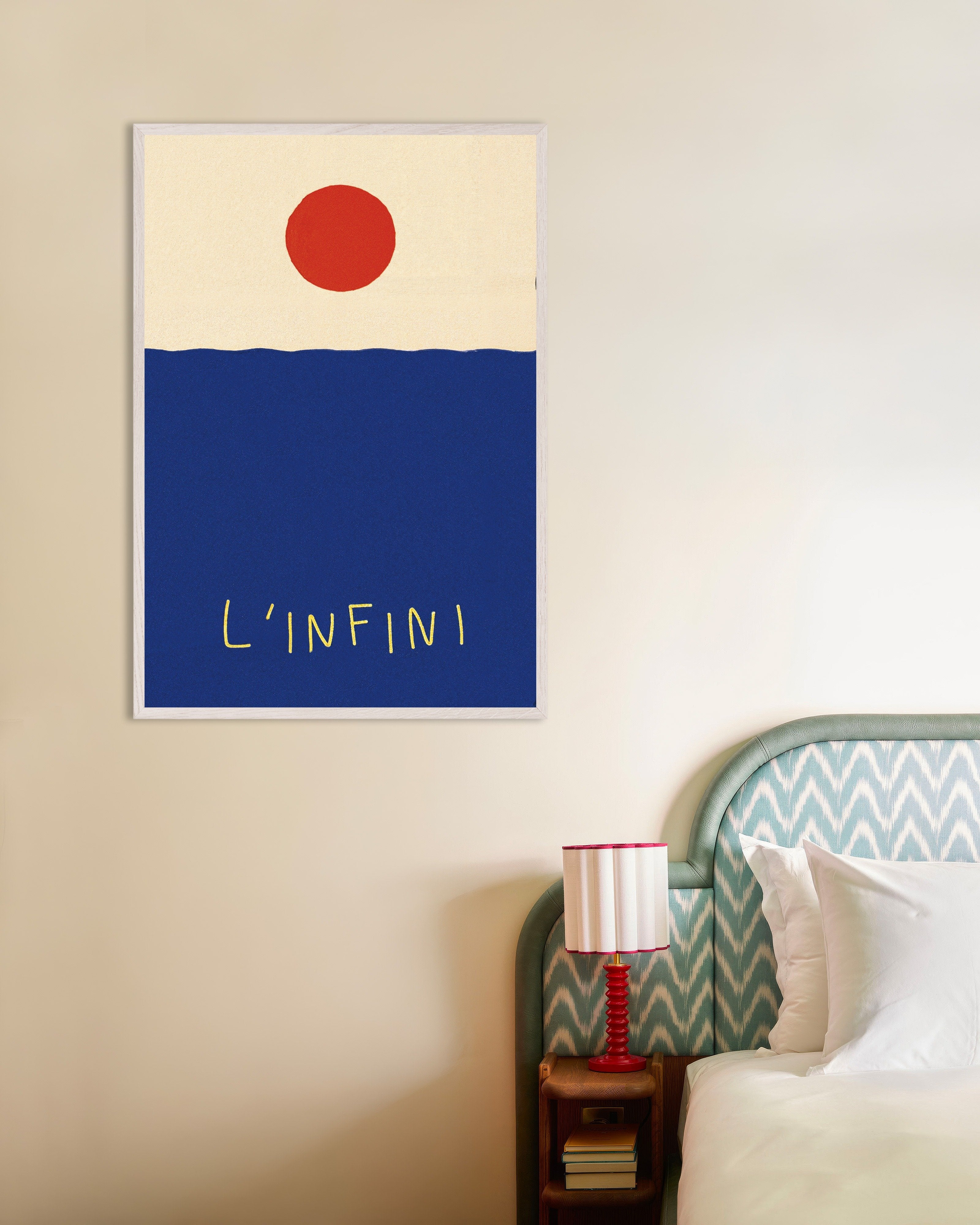 Poster of L’Infini: Red Sun Over Blue Sea Poster, with white wooden frame