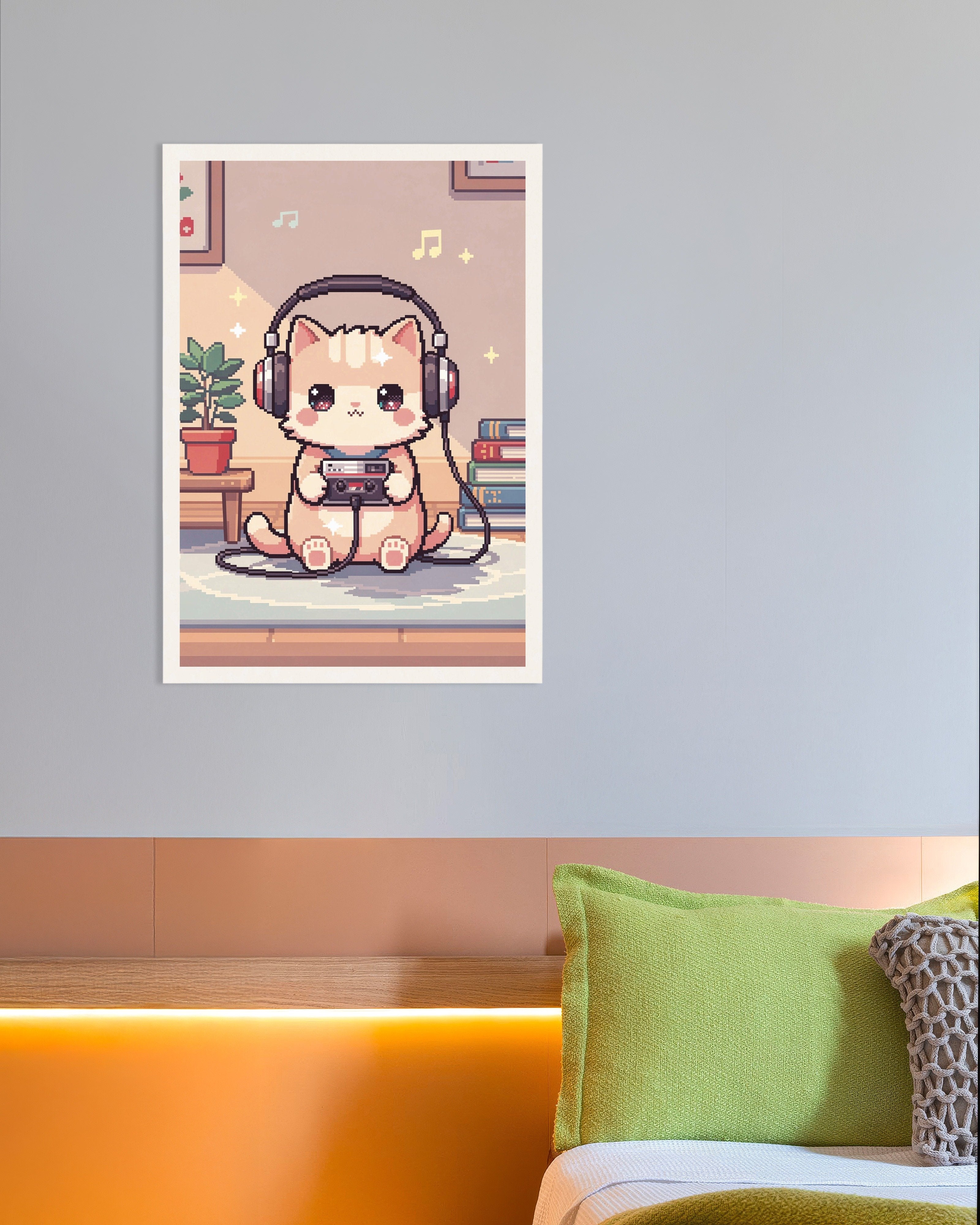 Poster of Lo-Fi Cat with Headphones Pixel Art Poster