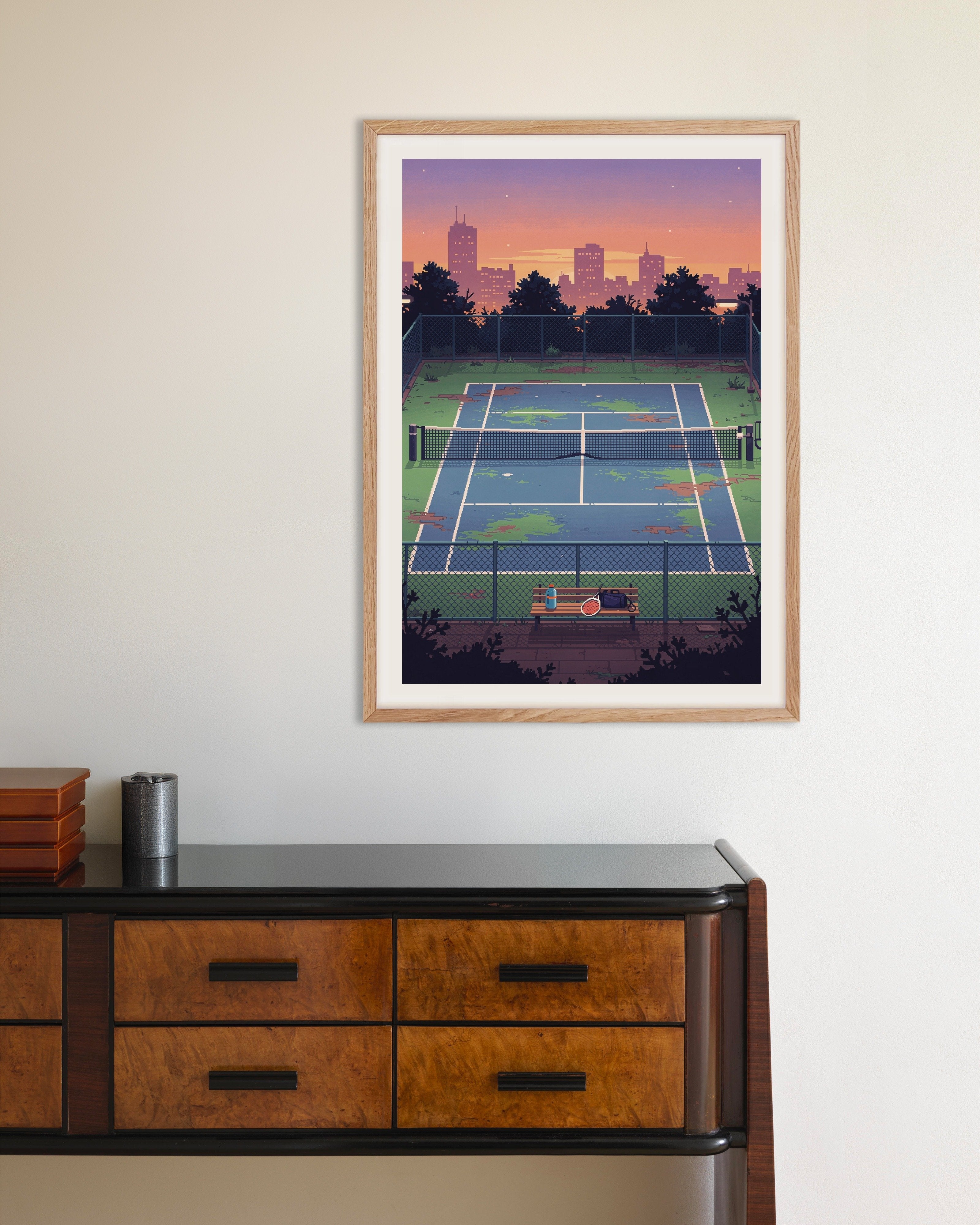 Poster of Lo-Fi Sunset Court - Pixel Art Poster, with natural wooden frame