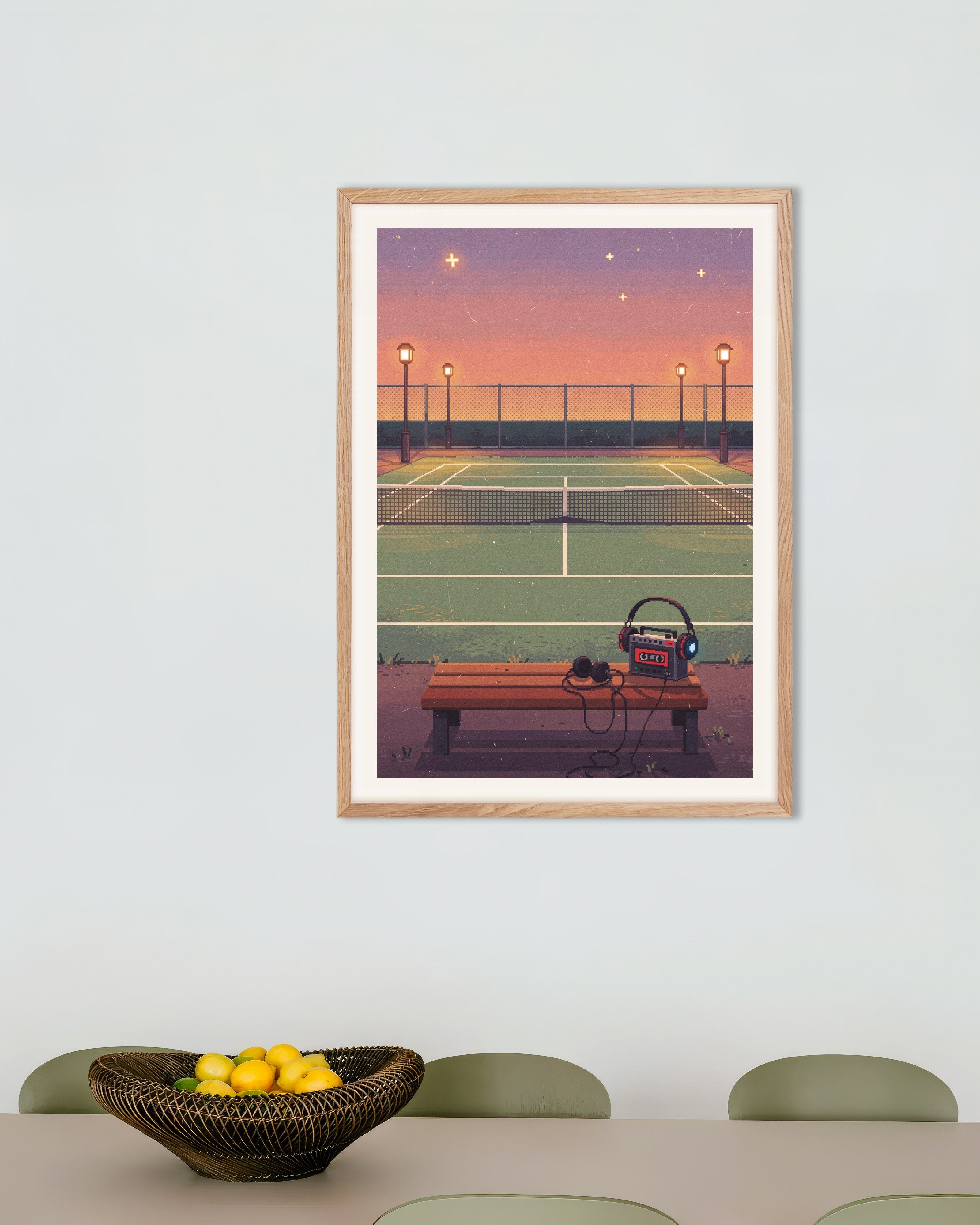 Poster of Lo-Fi Tennis Court at Dusk Pixel Art Poster, with natural wooden frame
