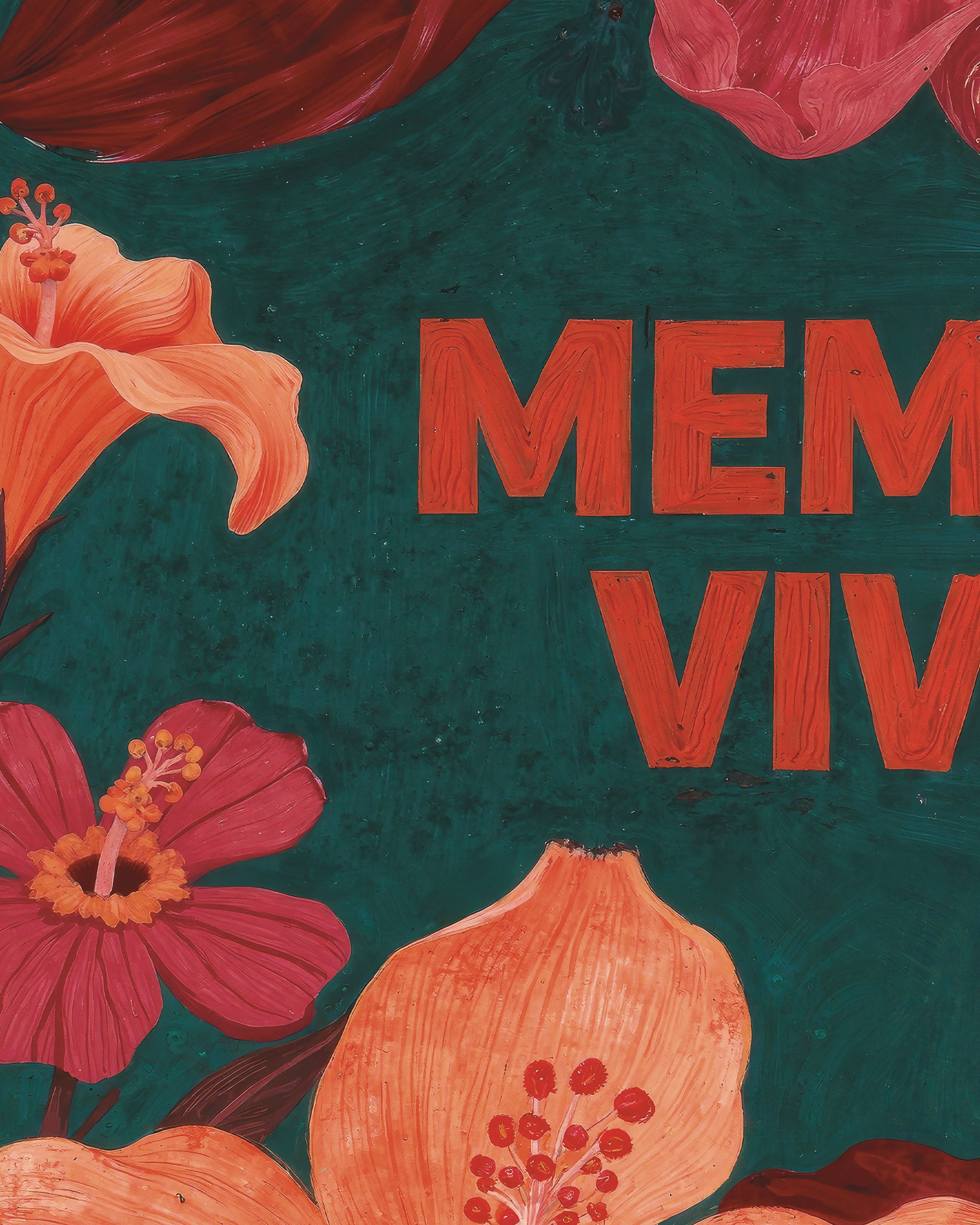 A close-up of a painted floral design with large orange, pink, and coral flowers on a dark teal background, with bold orange text reading “MEMENTO VIVERE” partially visible.