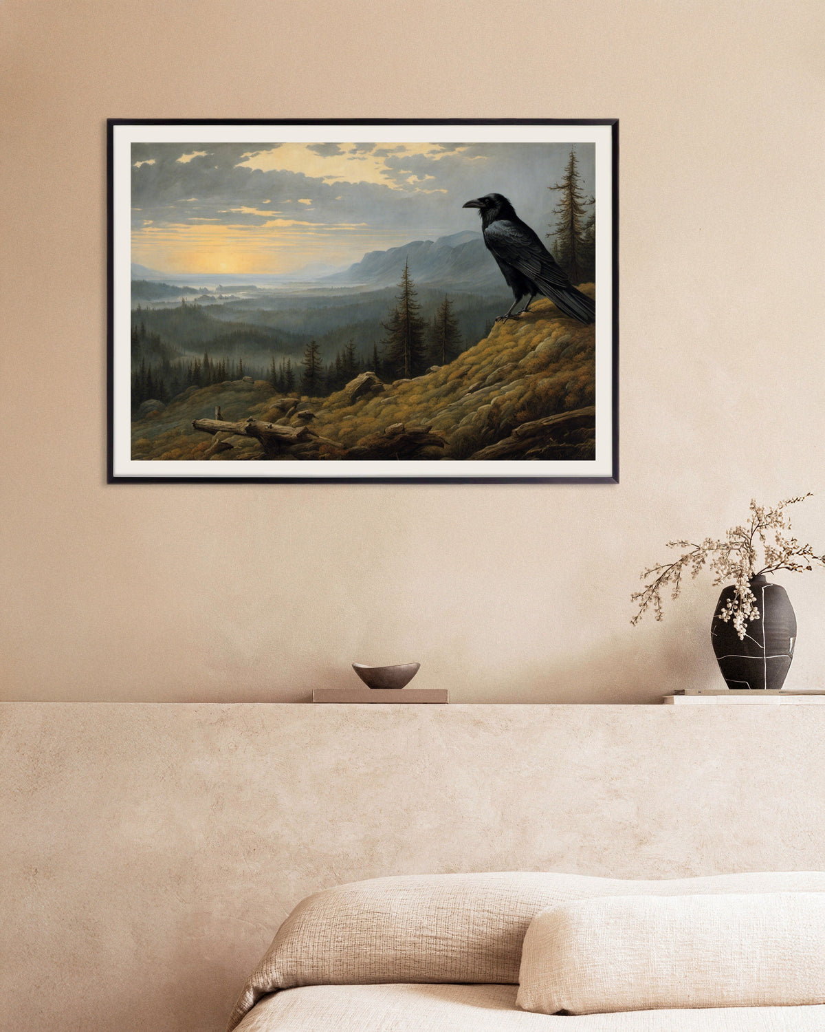 Poster of Mesmerizing landscapes invoking spiritual introspection, a crow - Poster, with metal frame