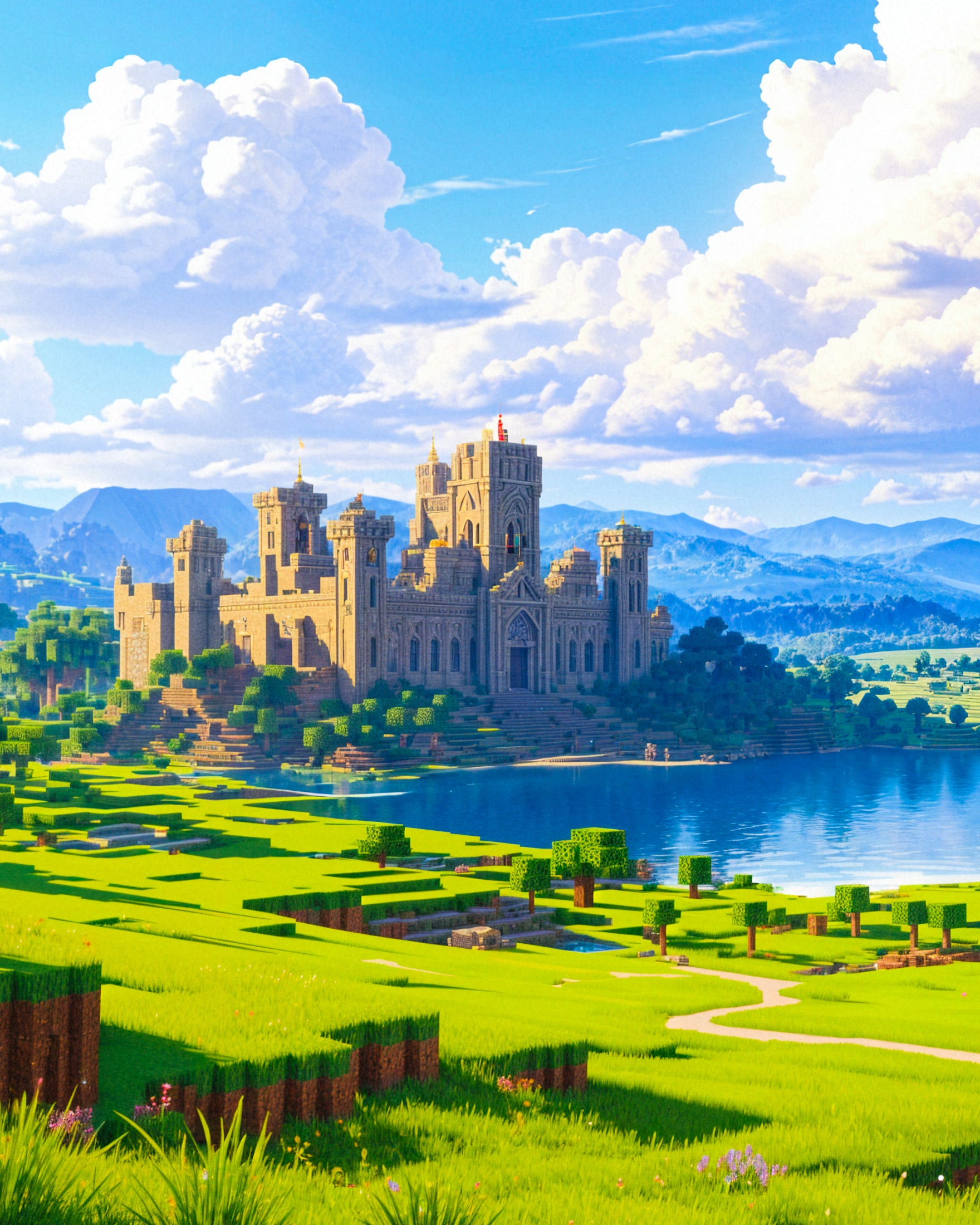 マインクラフト、城と湖 - ポスター
