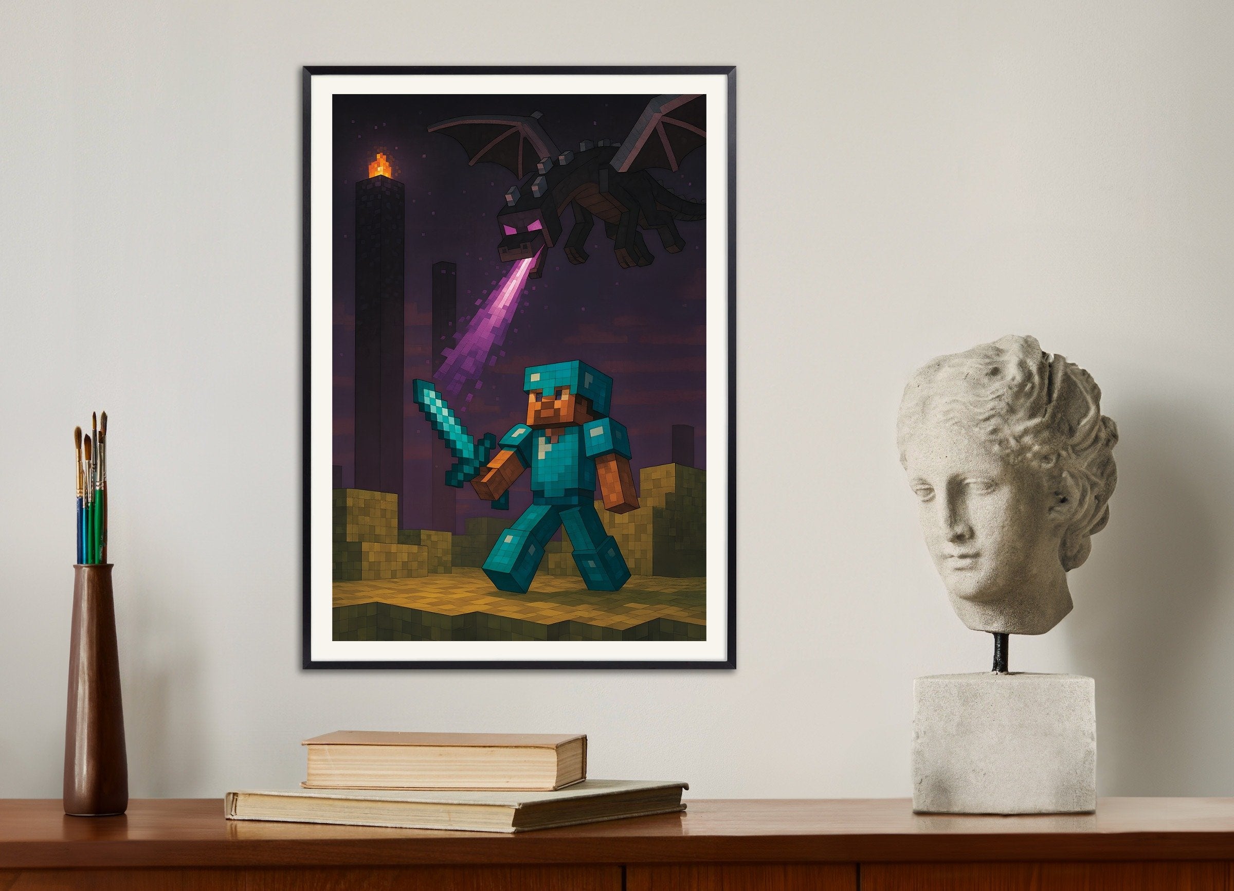 マインクラフト エンダードラゴンバトルのポスター – 騎士対ドラゴンのポスター、メタルフレーム付き