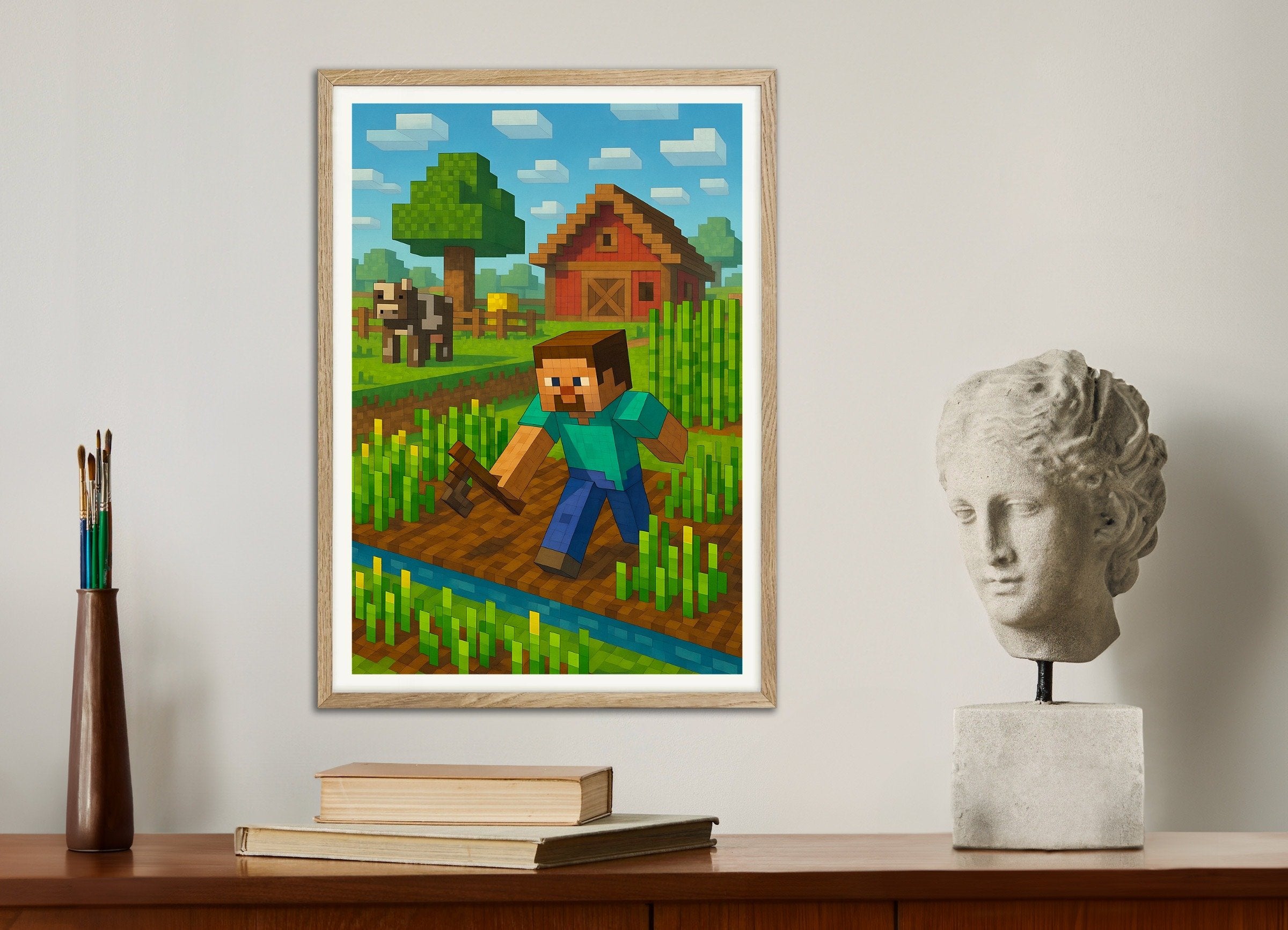 マインクラフトの農場シーンのポスター – 畑、納屋、作物のポスター、ナチュラルウッドフレーム付き