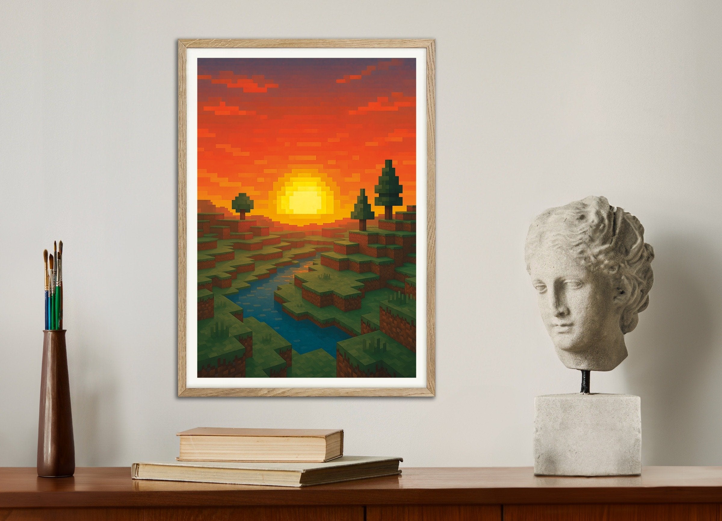 マインクラフトの夕日ポスター – 川と木々のピクセルアートファンポスター、自然な木製フレーム付き