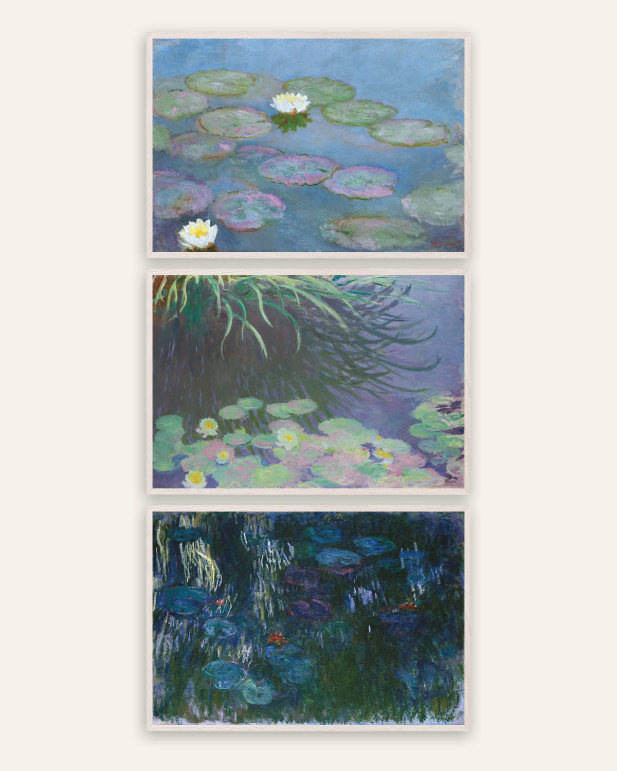 モネ 睡蓮のアートポスター3枚セット：初期と晩年のパノラマ（ホワイトオークフレーム入り）