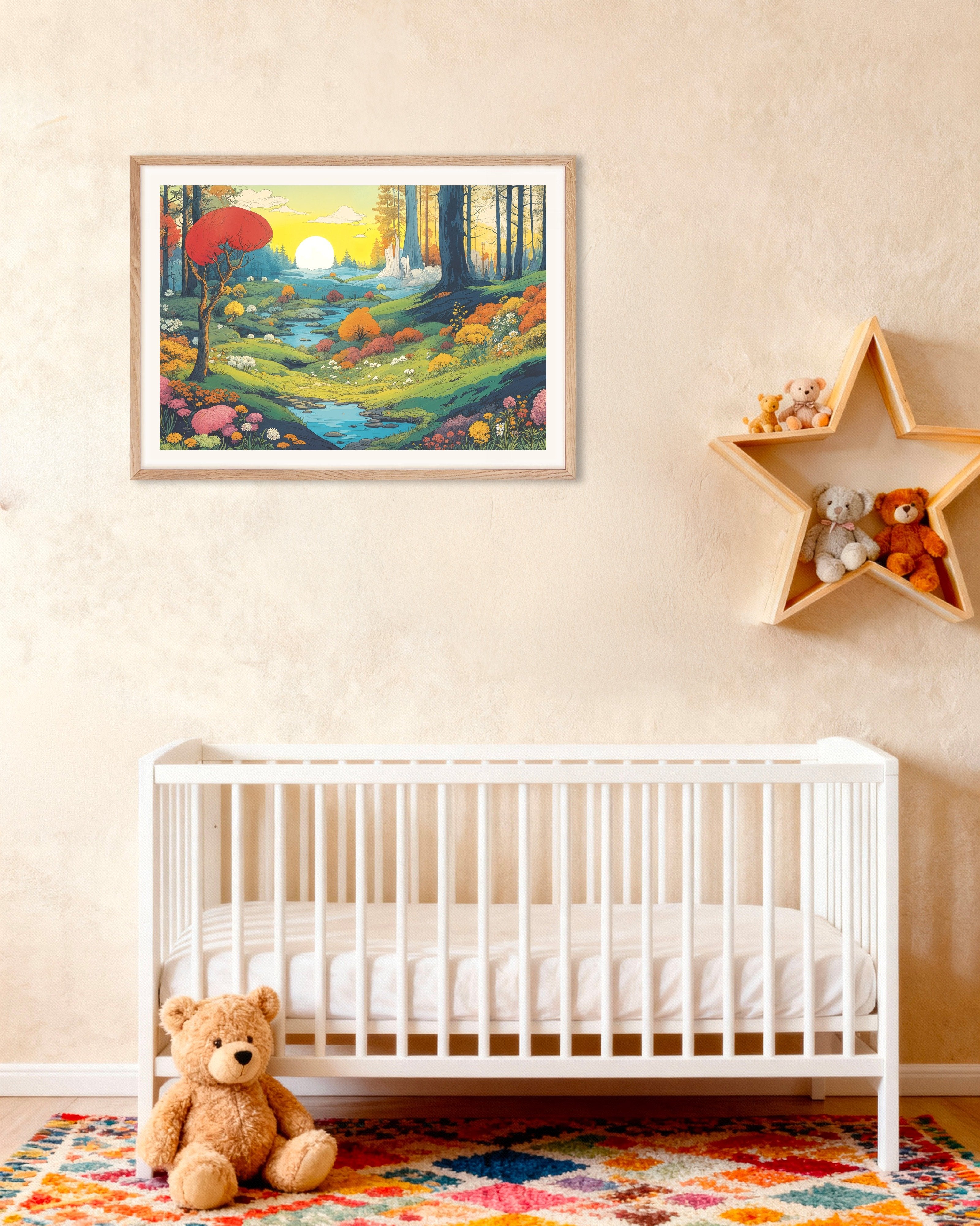 Poster of Moomin inspired sunlit valley poster, with natural wooden frame