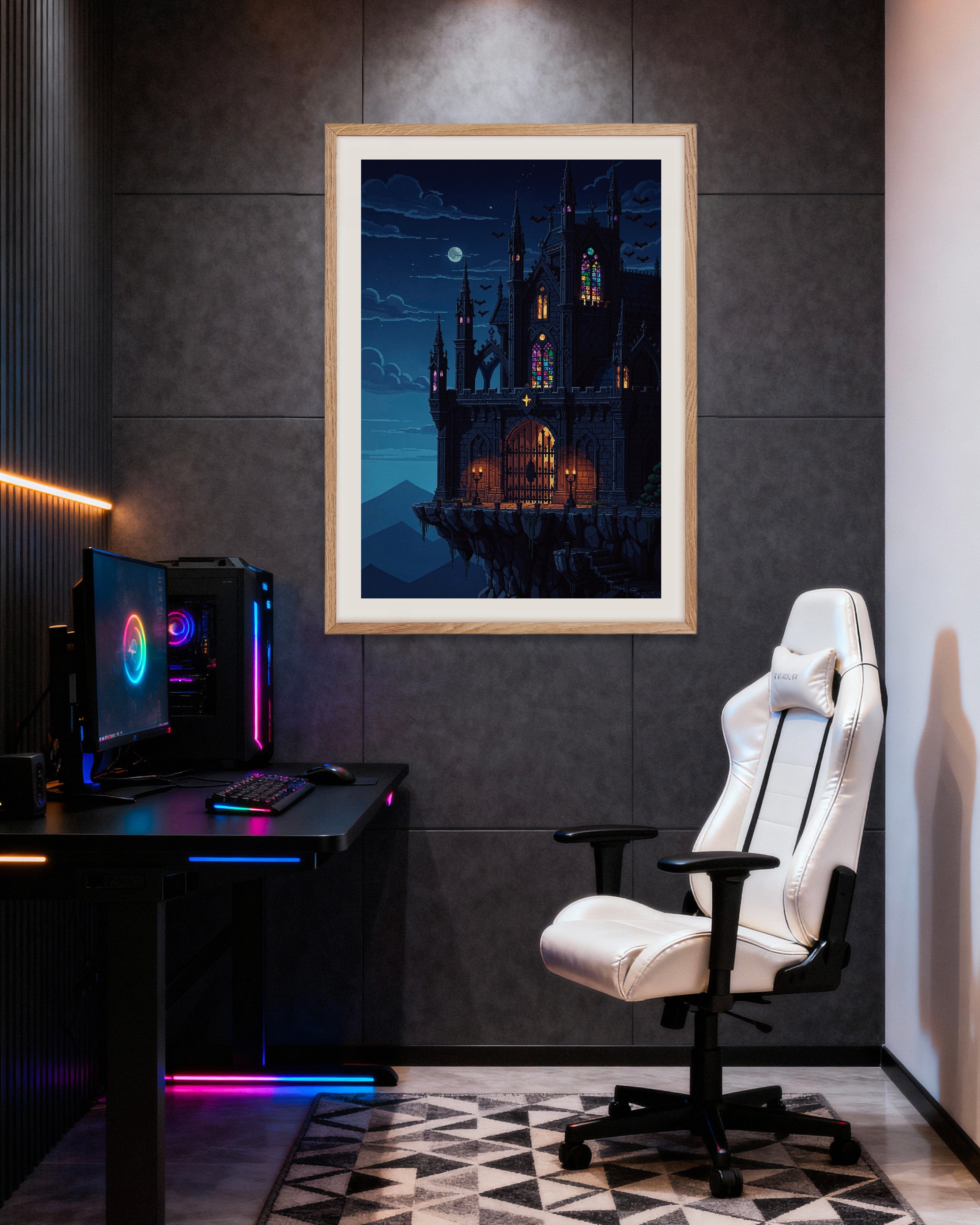 Poster of Moonlit Pixel Art Castle Poster, with natural wooden frame