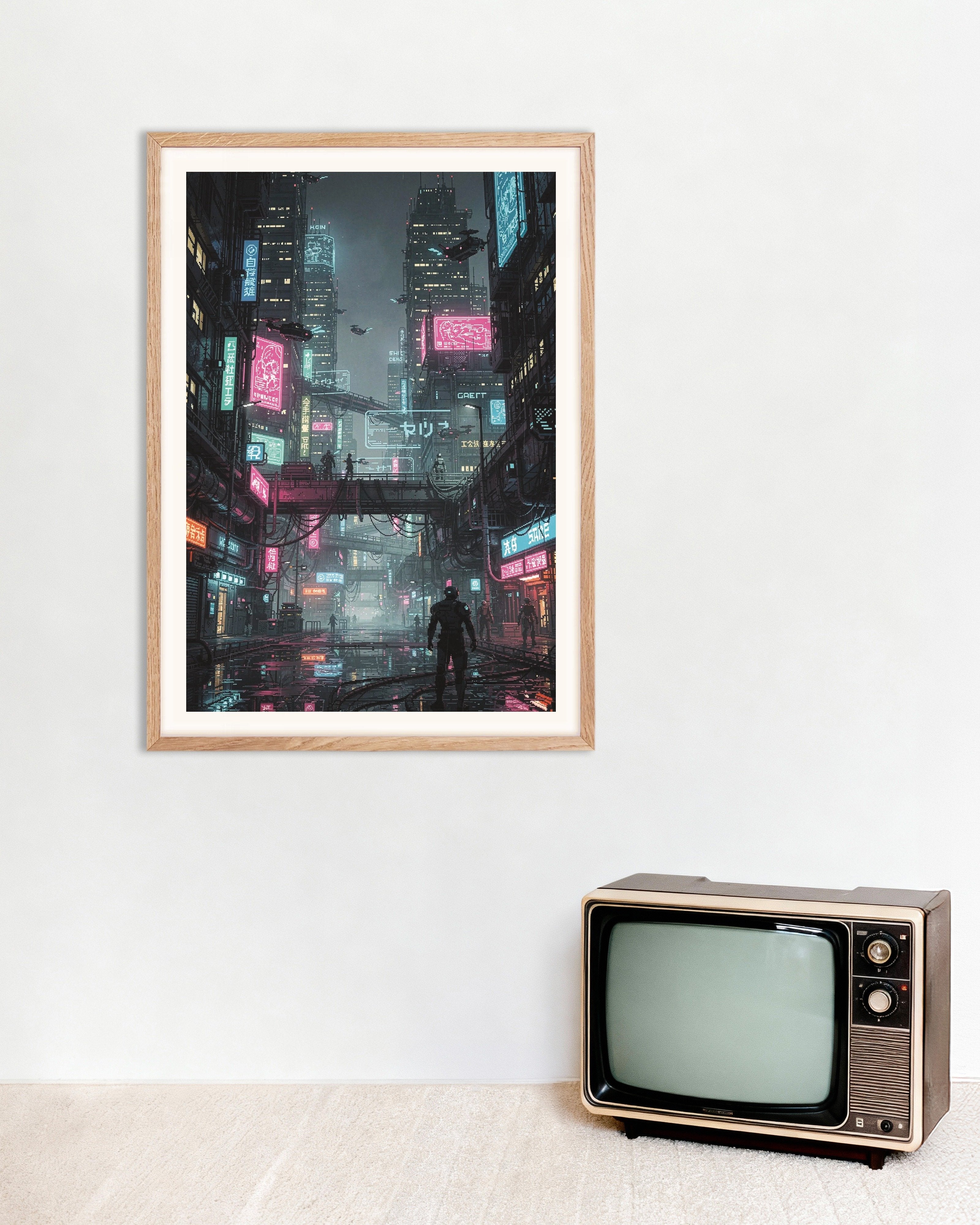 Poster of Neon Rain - Cyberpunk Pixel City, with natural wooden frame