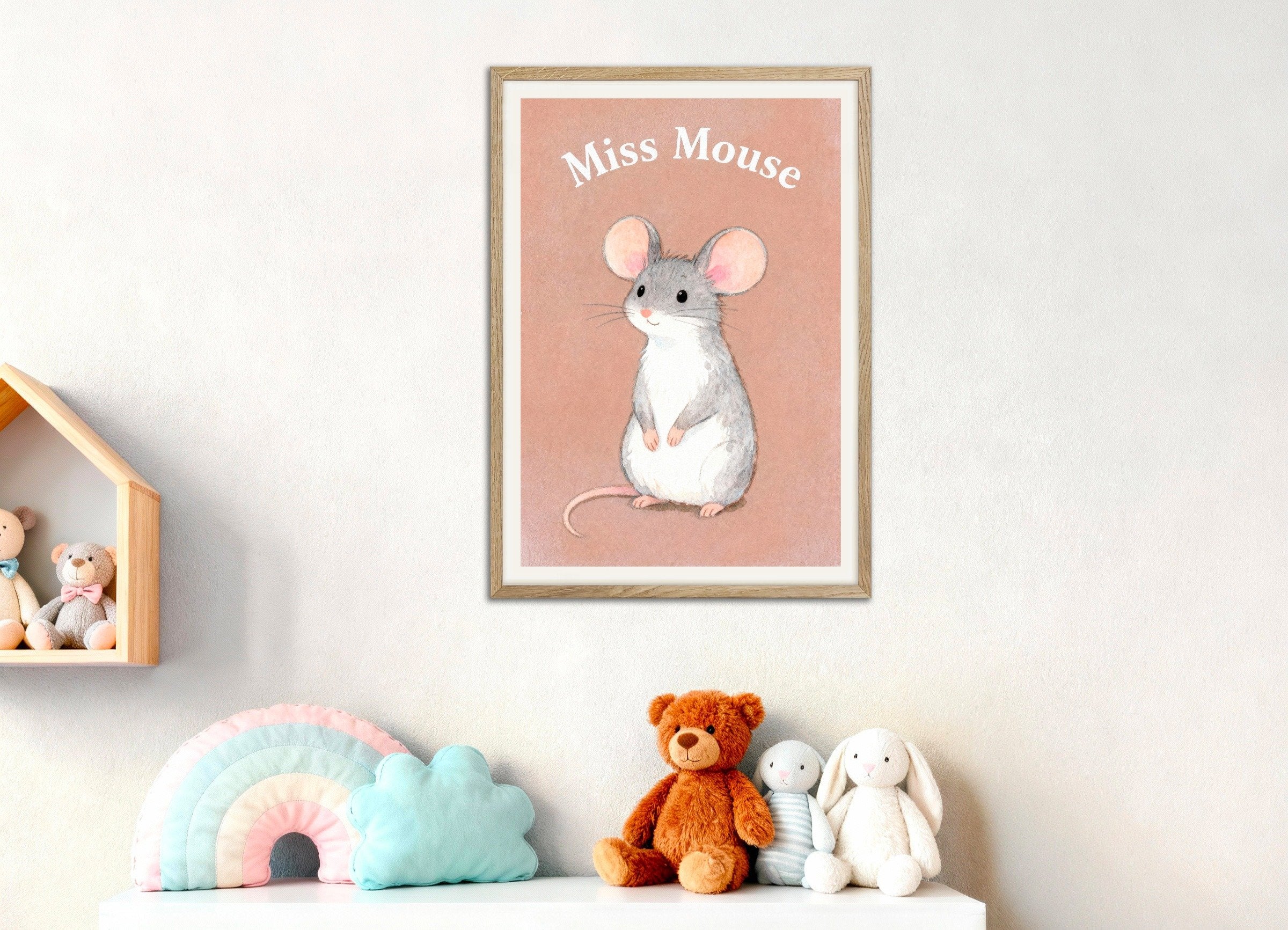 Poster of Nursery mouse wall art – Adorable small animal, with natural wooden frame