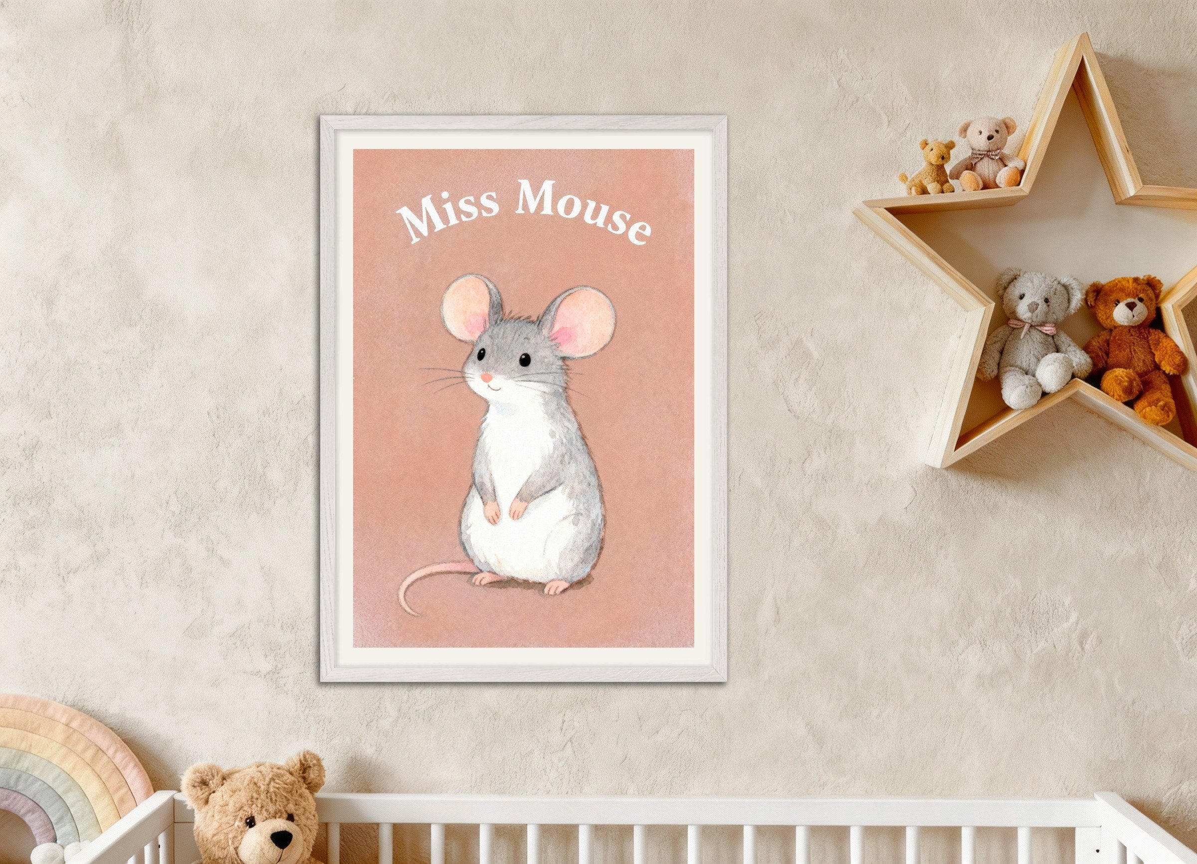 Poster of Nursery mouse wall art – Adorable small animal, with white wooden frame