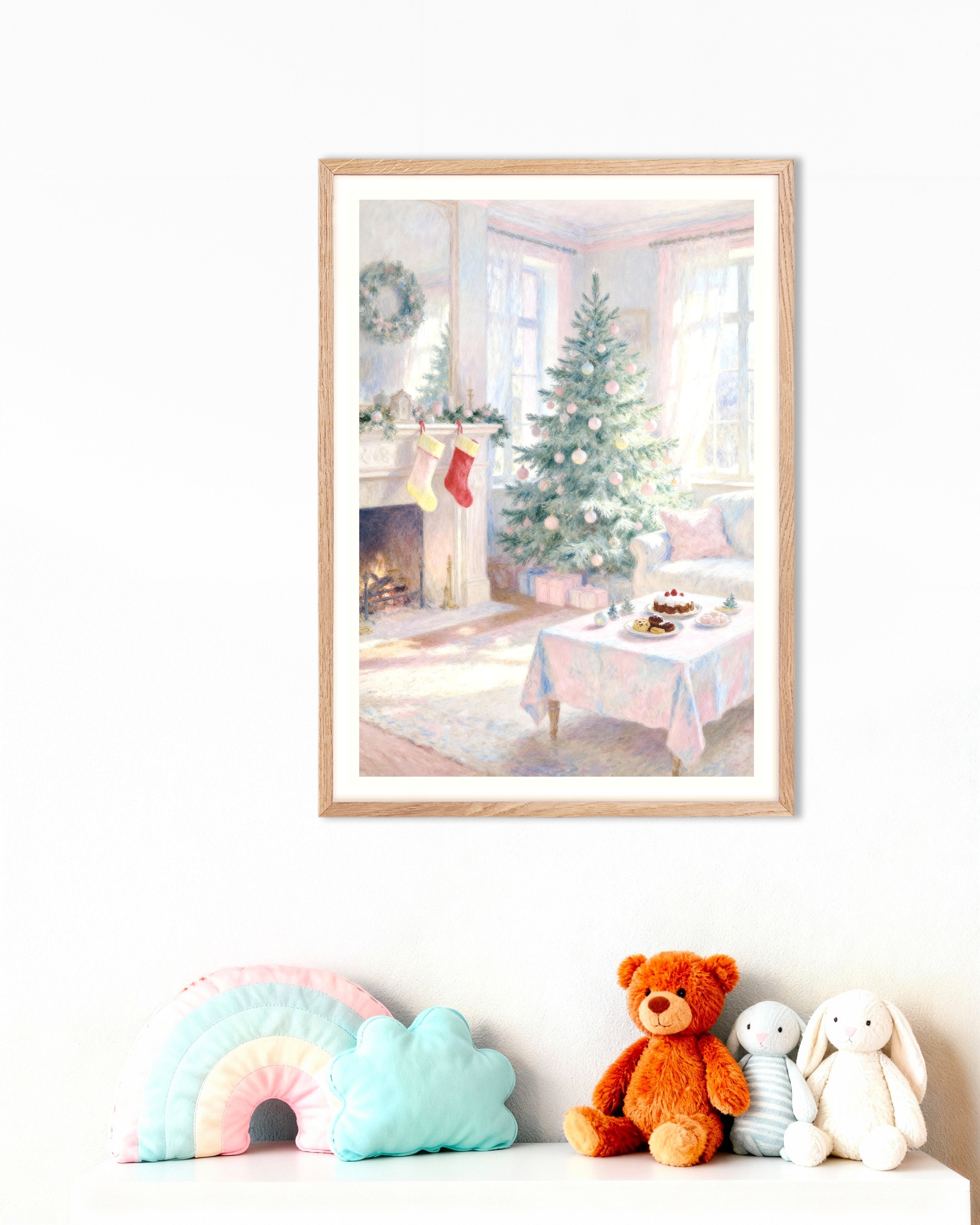 Poster of Pastel Christmas living room poster, with natural wooden frame