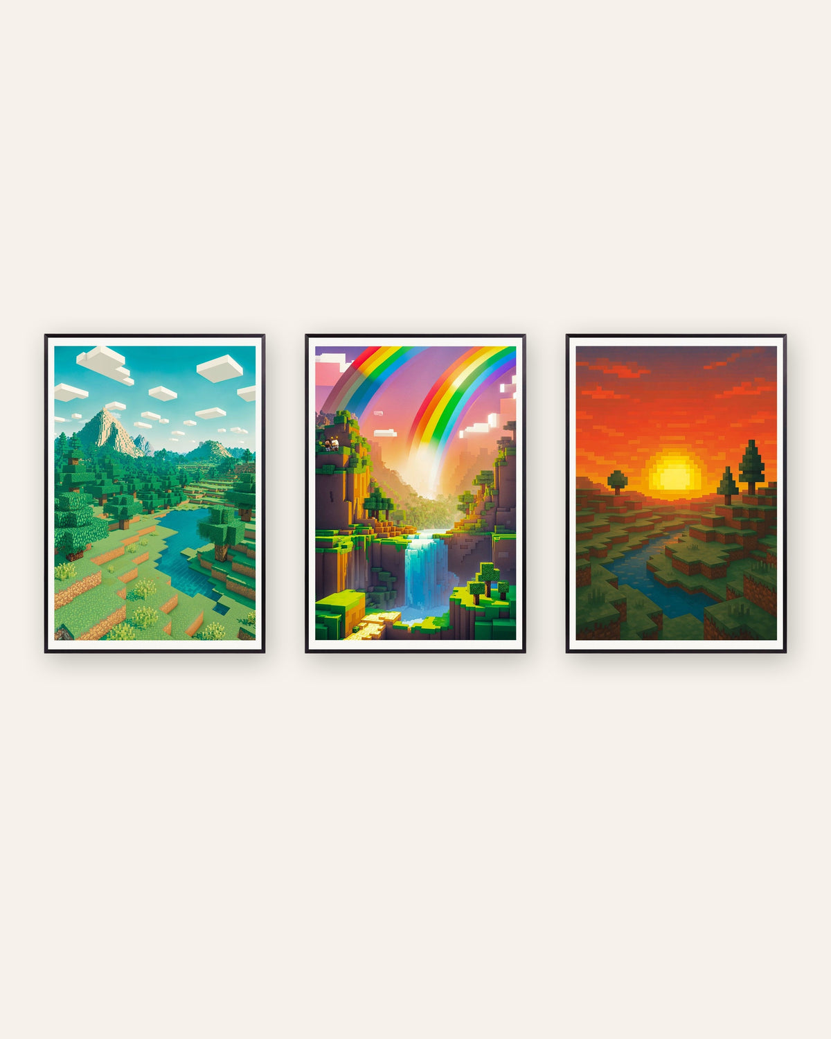 ピクセルアート風景ポスター 3枚セット：山、虹の谷、夕焼け（ブラックメタルフレーム入り）