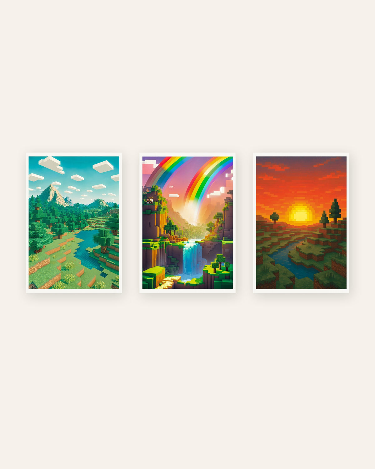 ピクセルアート風景ポスター 3枚セット：山、虹の谷、夕焼け（フレームなし）