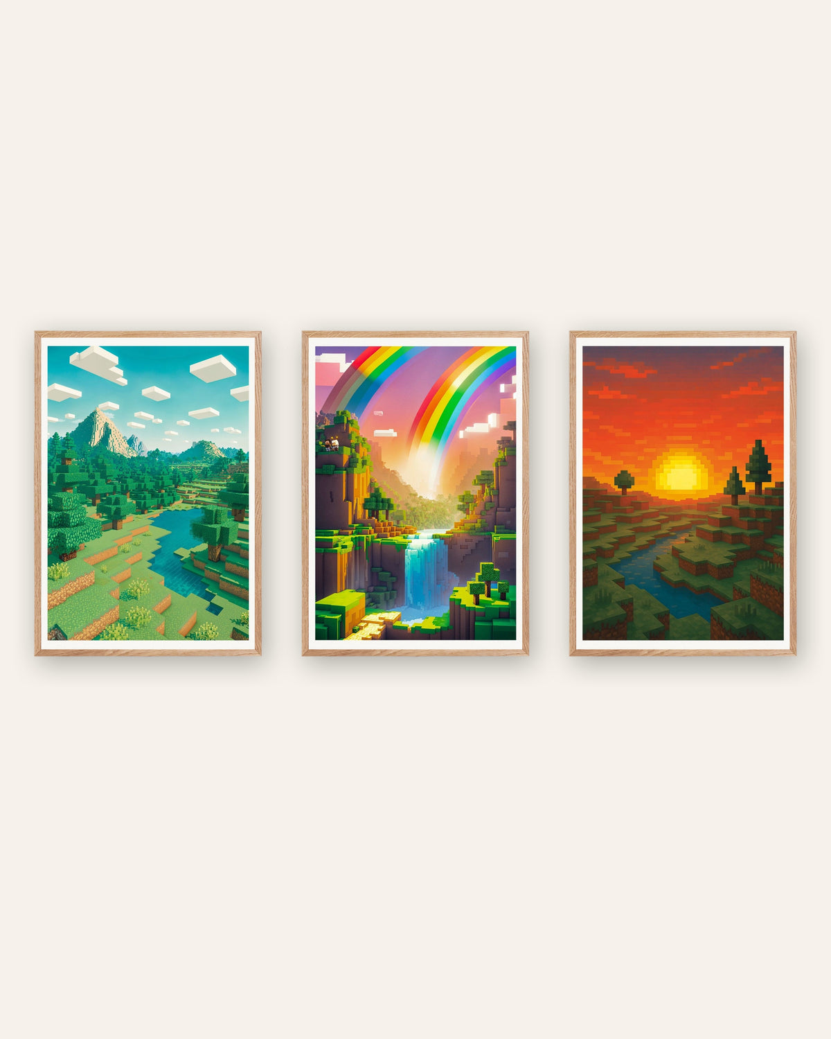 ピクセルアート風景ポスター 3枚セット：山、虹の谷、夕焼け（ナチュラルオークフレーム入り）