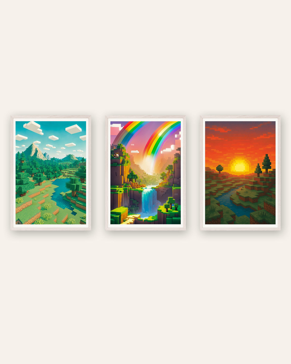ピクセルアート風景ポスター 3枚セット：山、虹の谷、夕焼け（ホワイトオークフレーム入り）