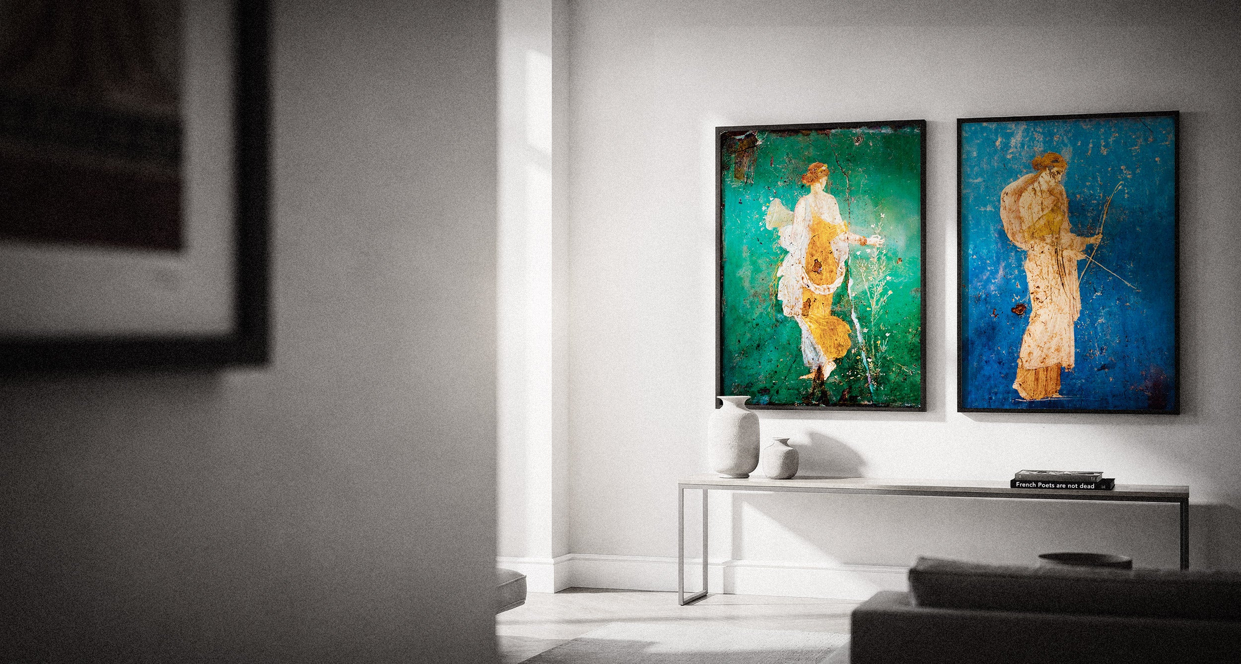 Modern living room with abstract art on the wall