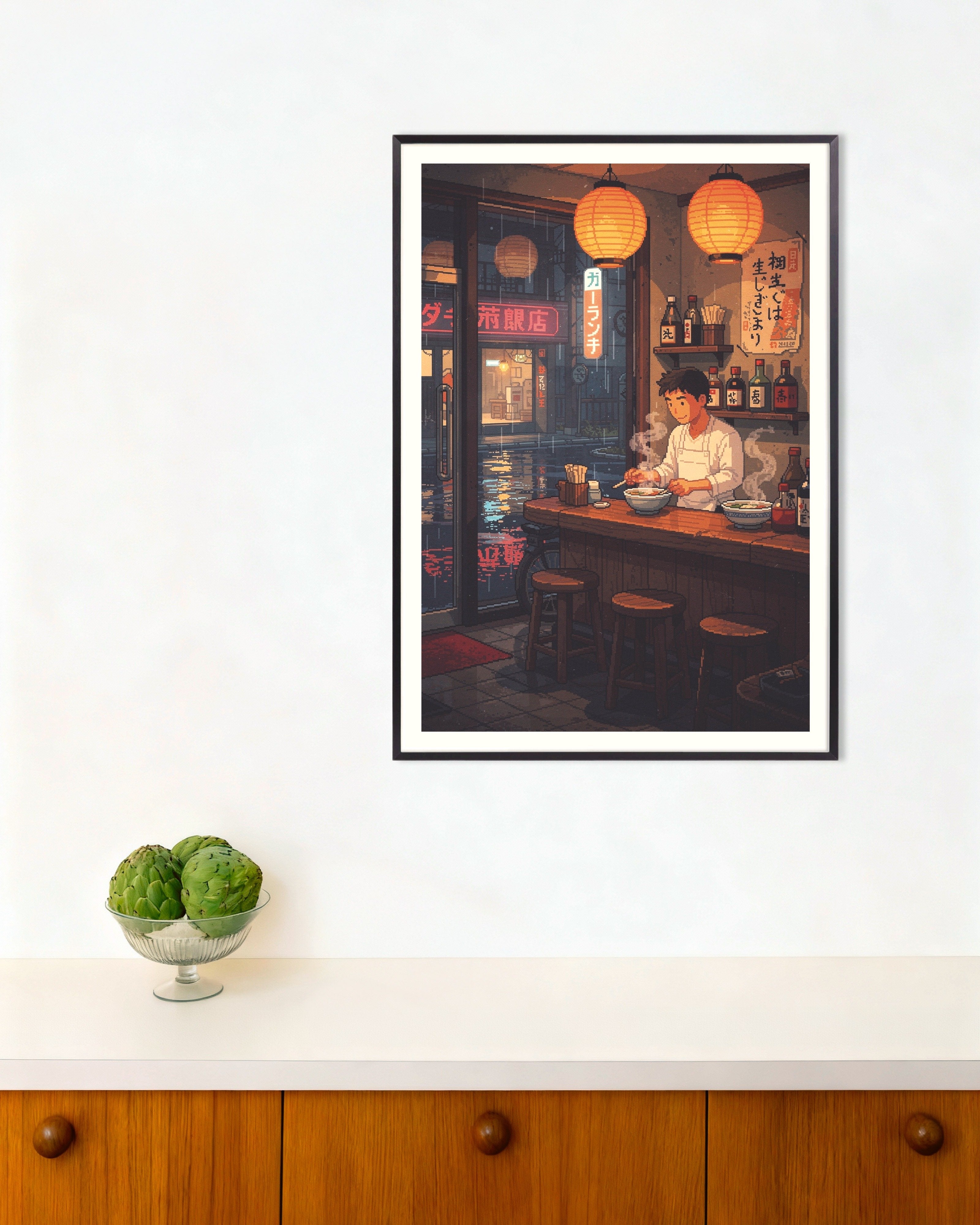 Poster of Ramen Shop Night - Pixel Art Poster, with metal frame