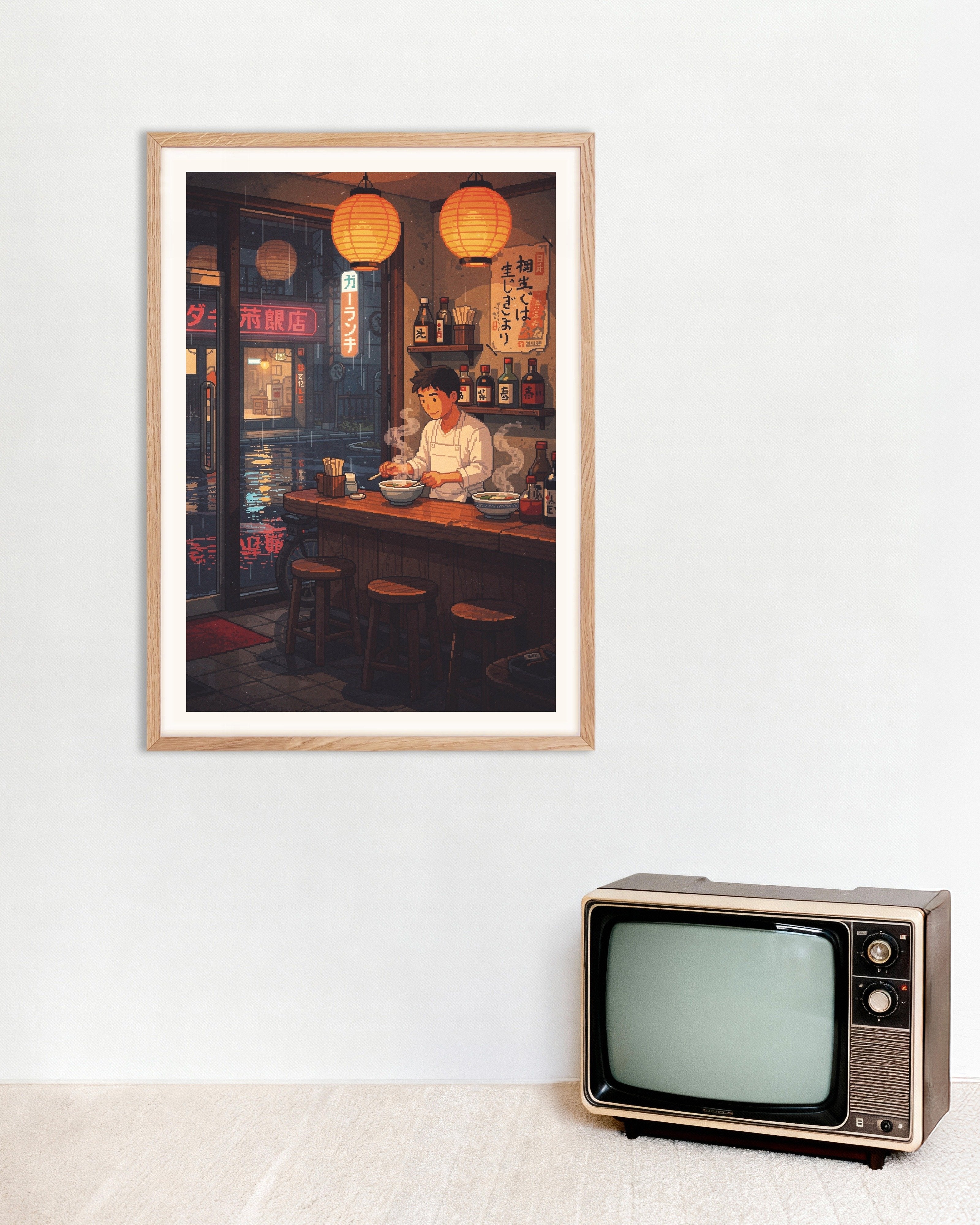 Poster of Ramen Shop Night - Pixel Art Poster, with natural wooden frame