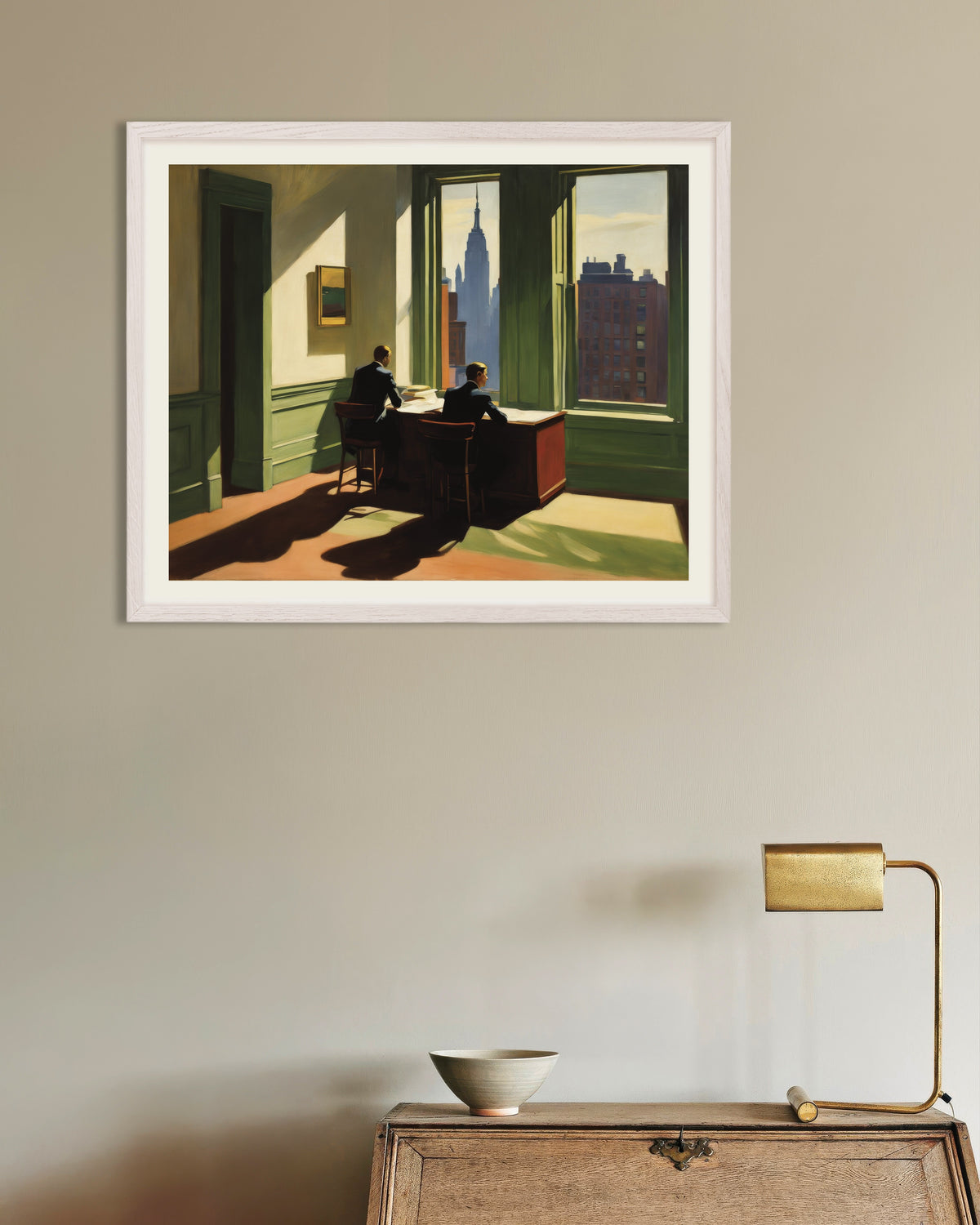 20世紀アメリカの写実主義絵画のポスター、白い木製フレーム付き