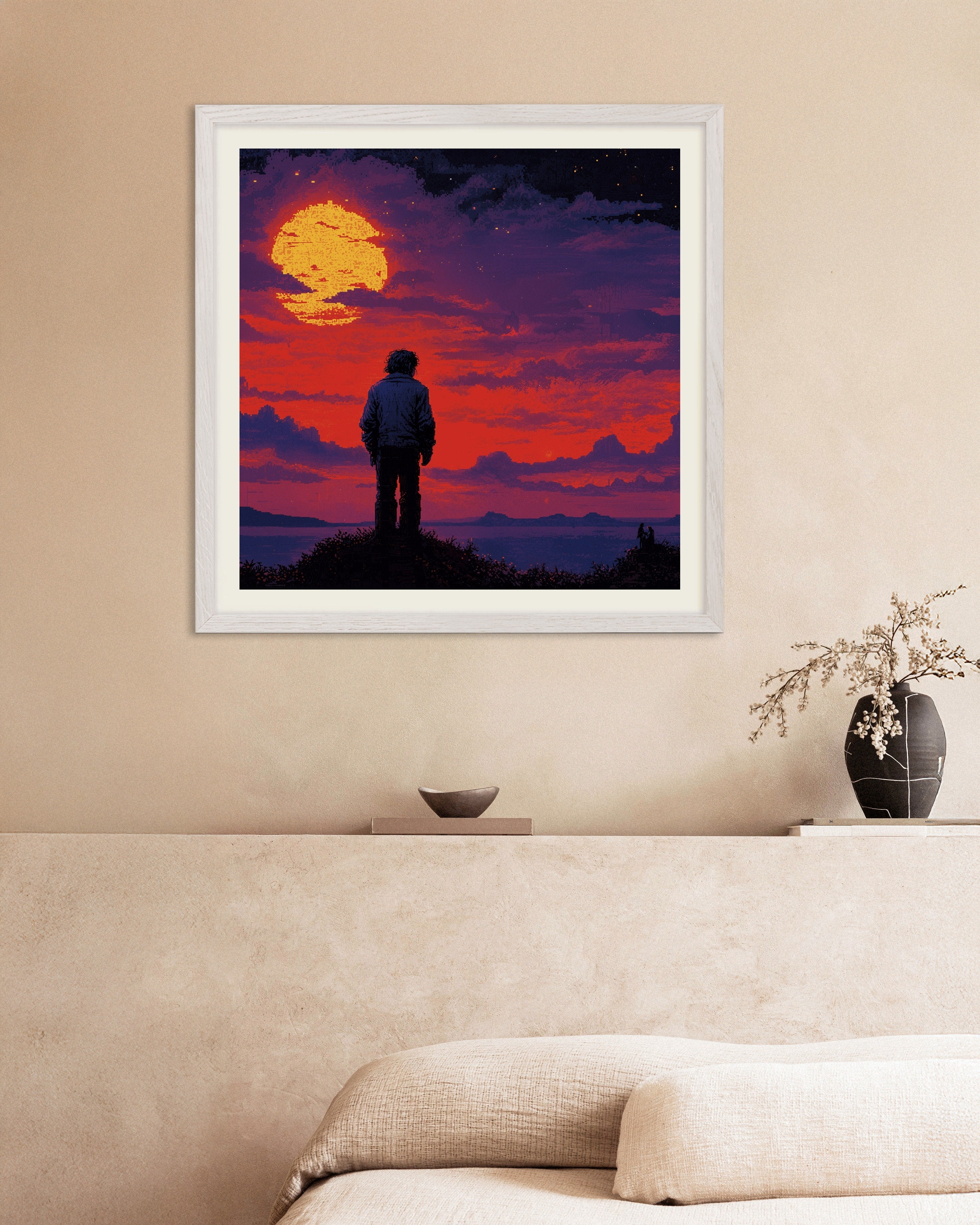 Poster of Retro video game, mystical sunset - Poster, with white wooden frame