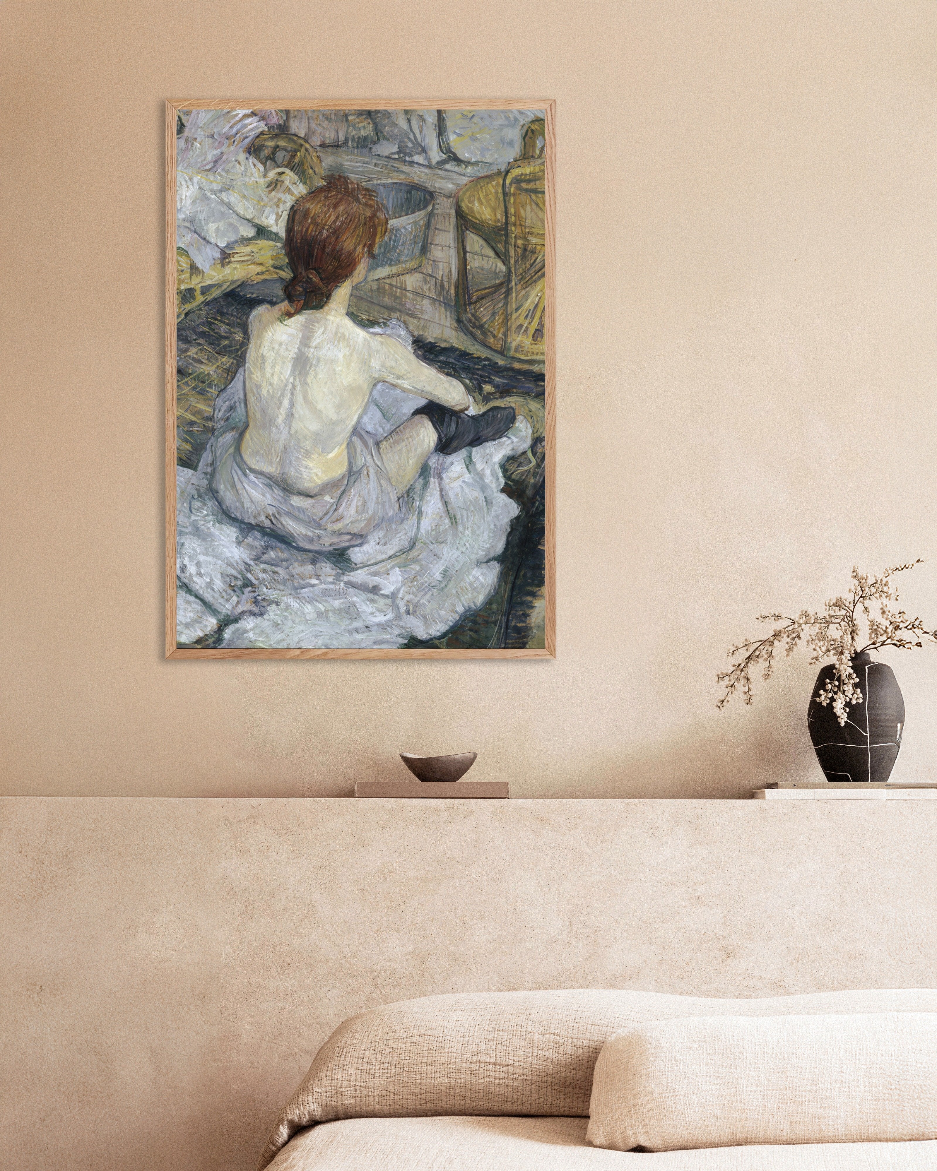 Poster of Rousse (La Toilette), 1889 by Henri de Toulouse-Lautrec, with natural wooden frame