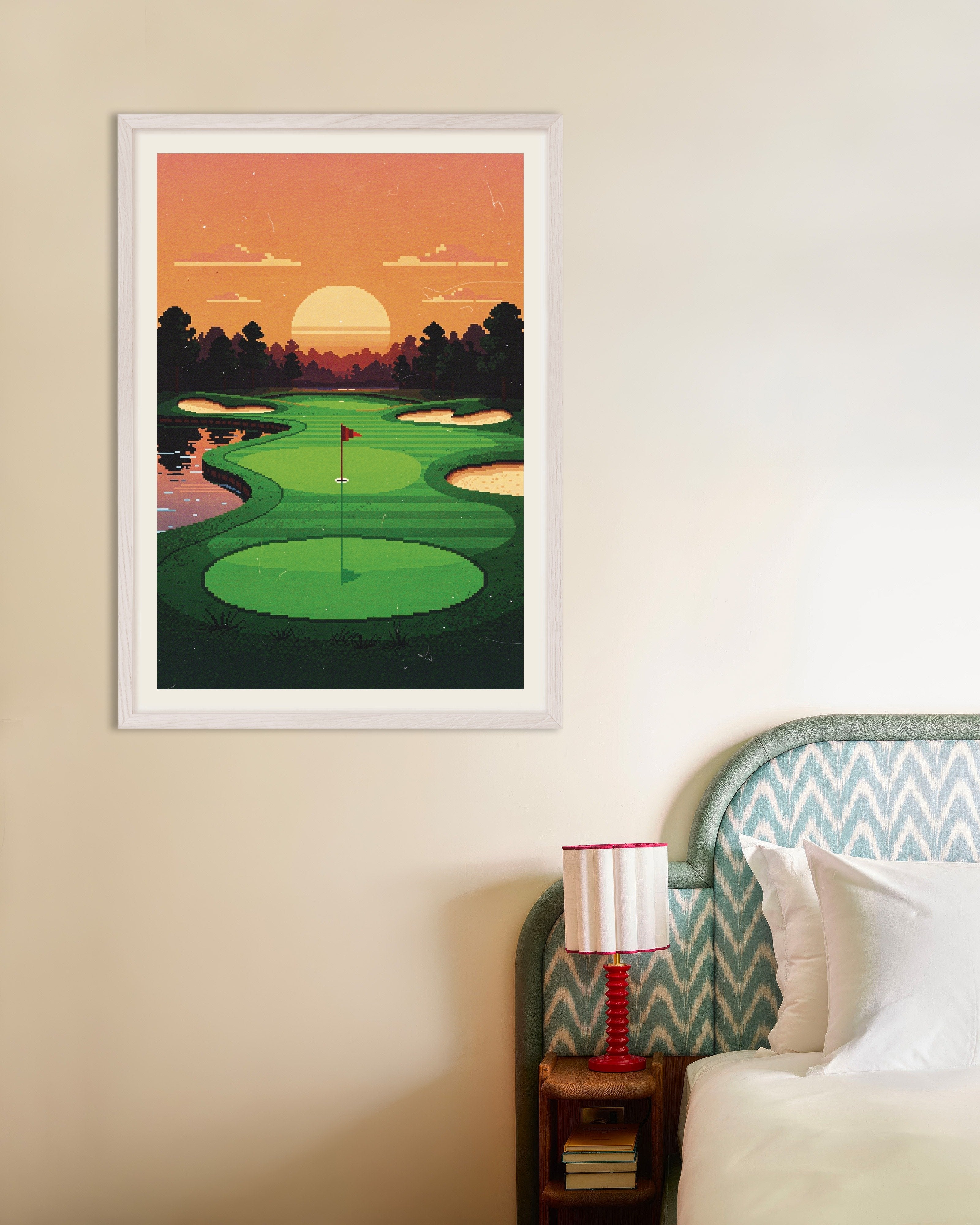 Poster of Sunset Fairway - Pixel Art Golf Poster, with white wooden frame