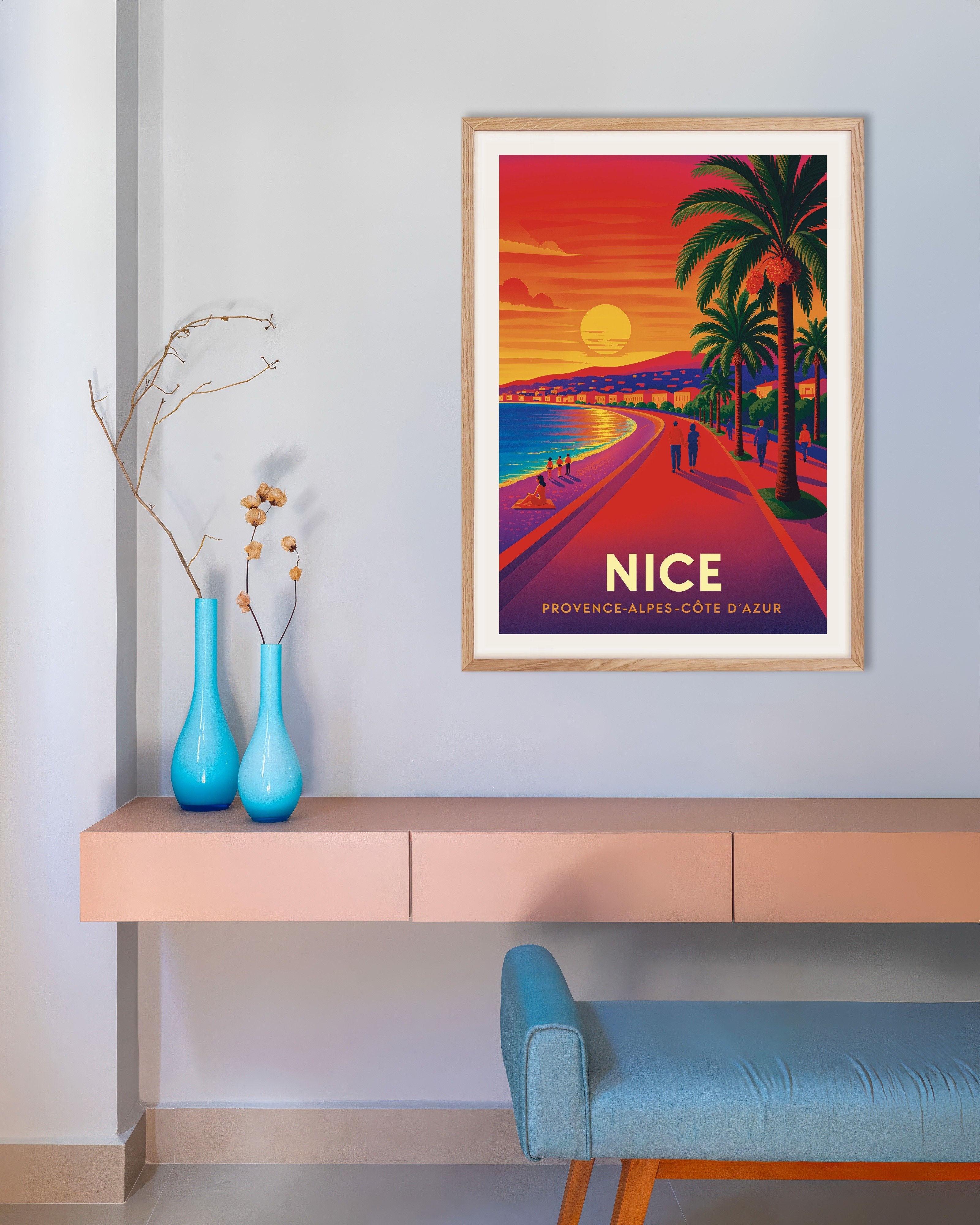 Poster of Sunset Walk in Nice, France – Promenade des Anglais Poster, with natural wooden frame