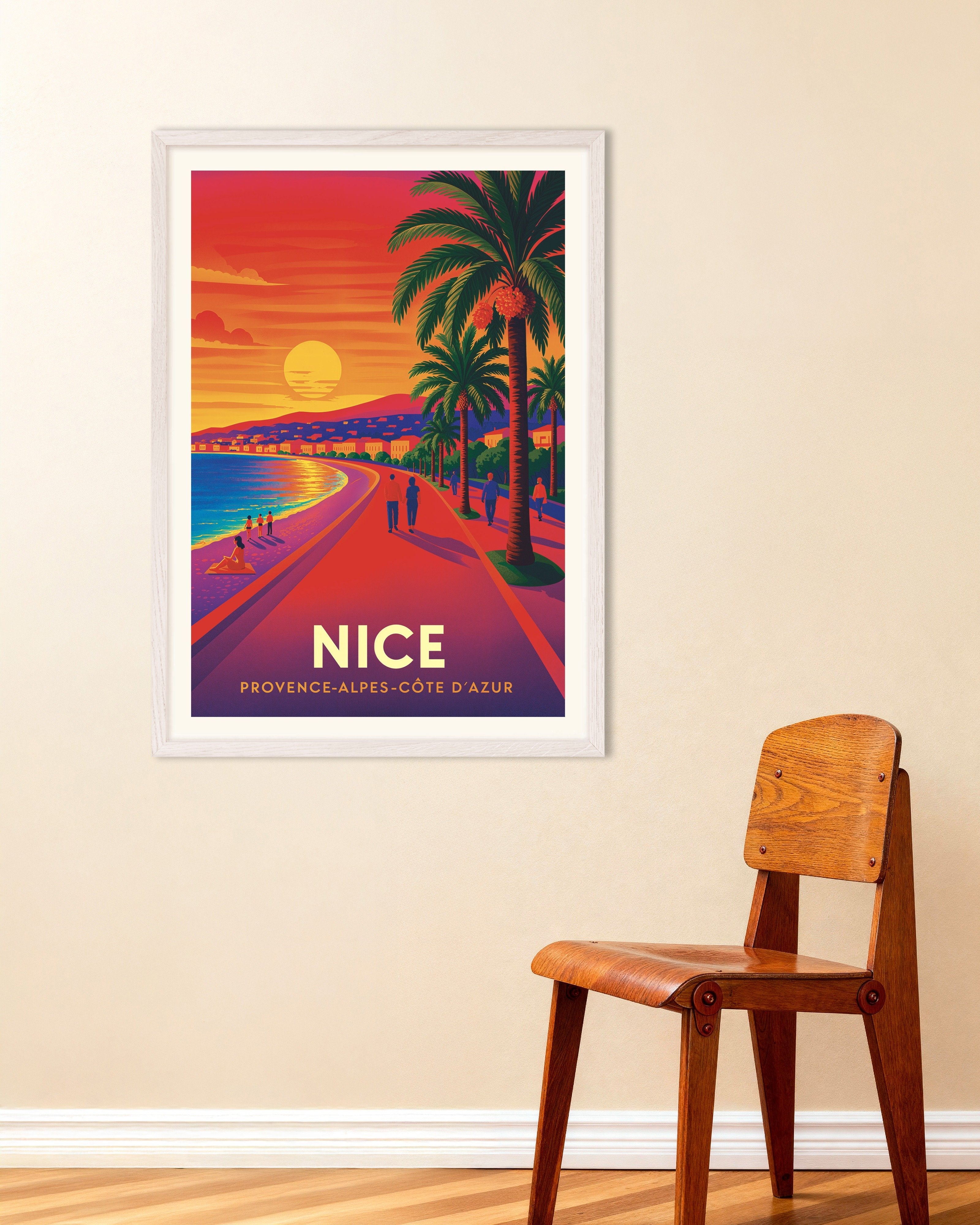 Poster of Sunset Walk in Nice, France – Promenade des Anglais Poster, with white wooden frame