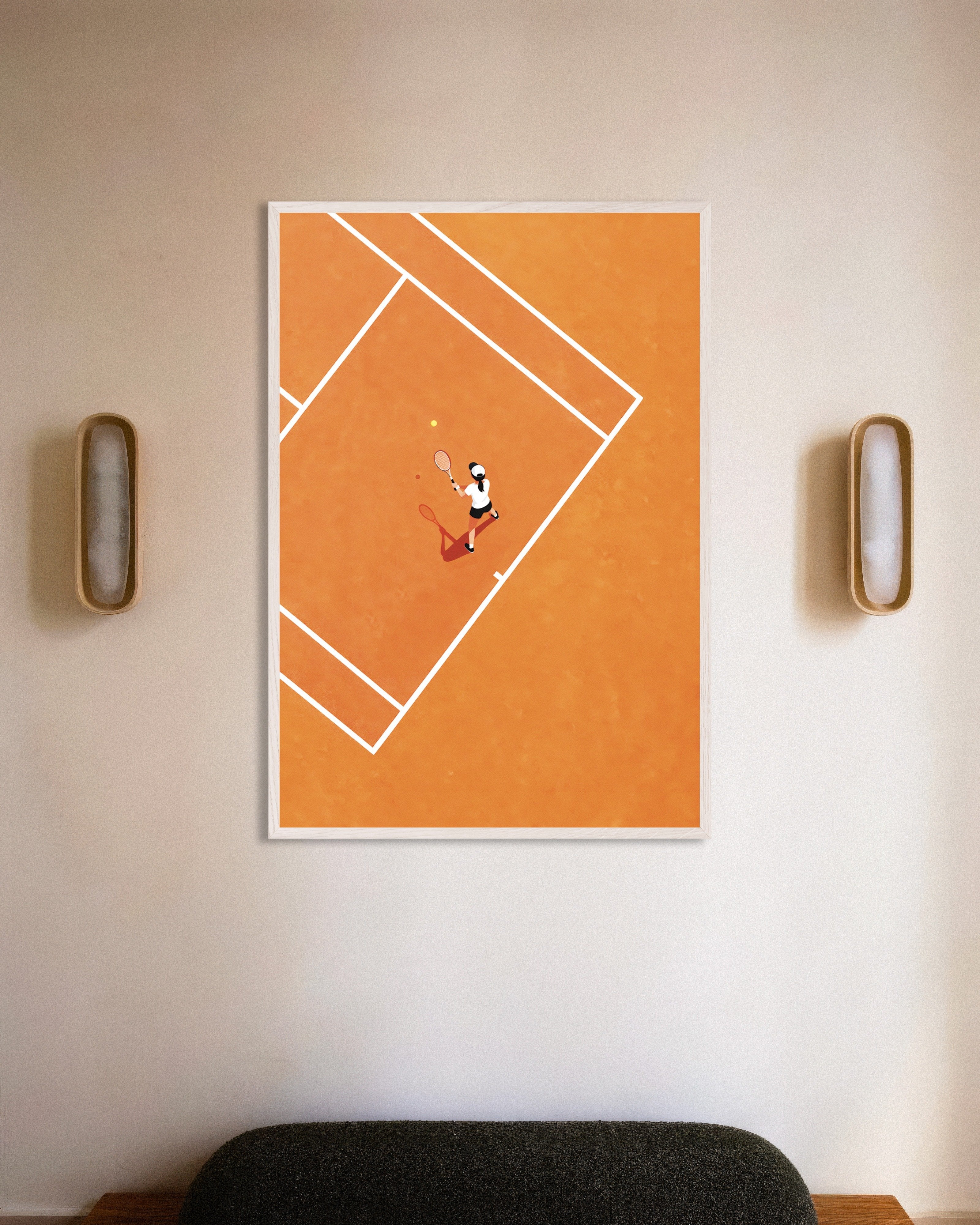 Poster of Tennis player poster – Minimal clay court art print, with white wooden frame