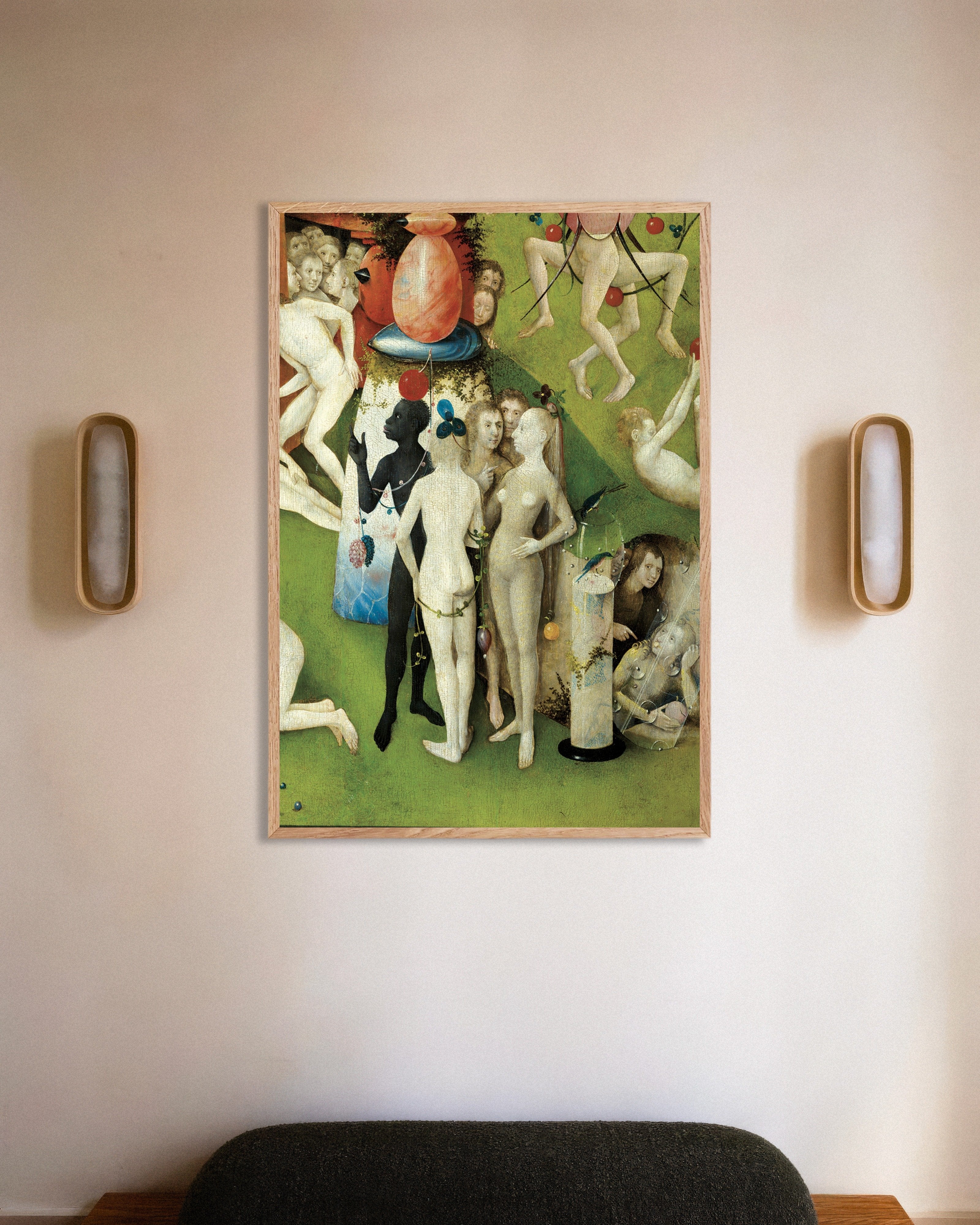 Poster of The pointing figure and glass tube - Detail from The Garden of Earthly Delights, with natural wooden frame