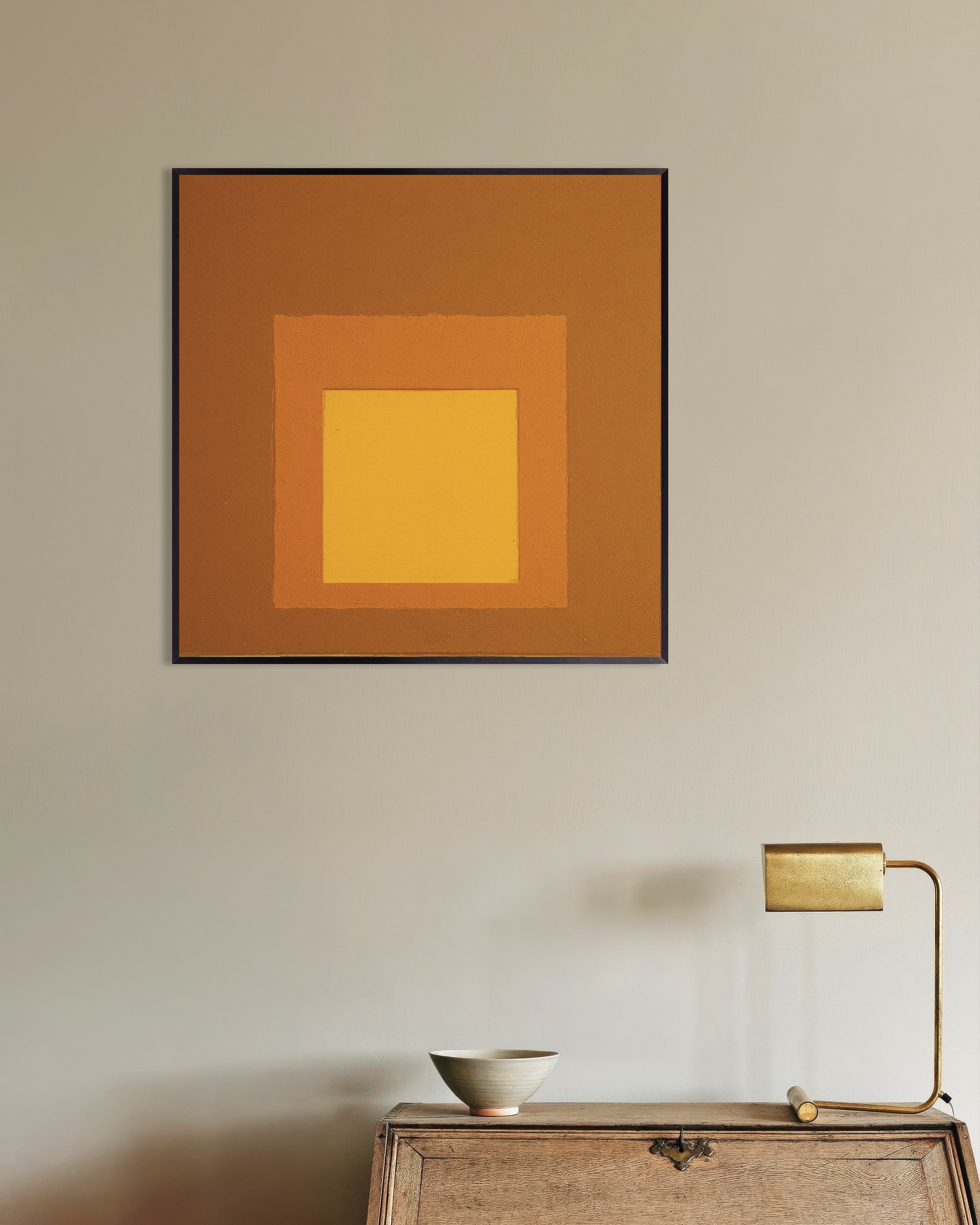 Poster of Three squares in autumn colors, abstract wall art print, with metal frame