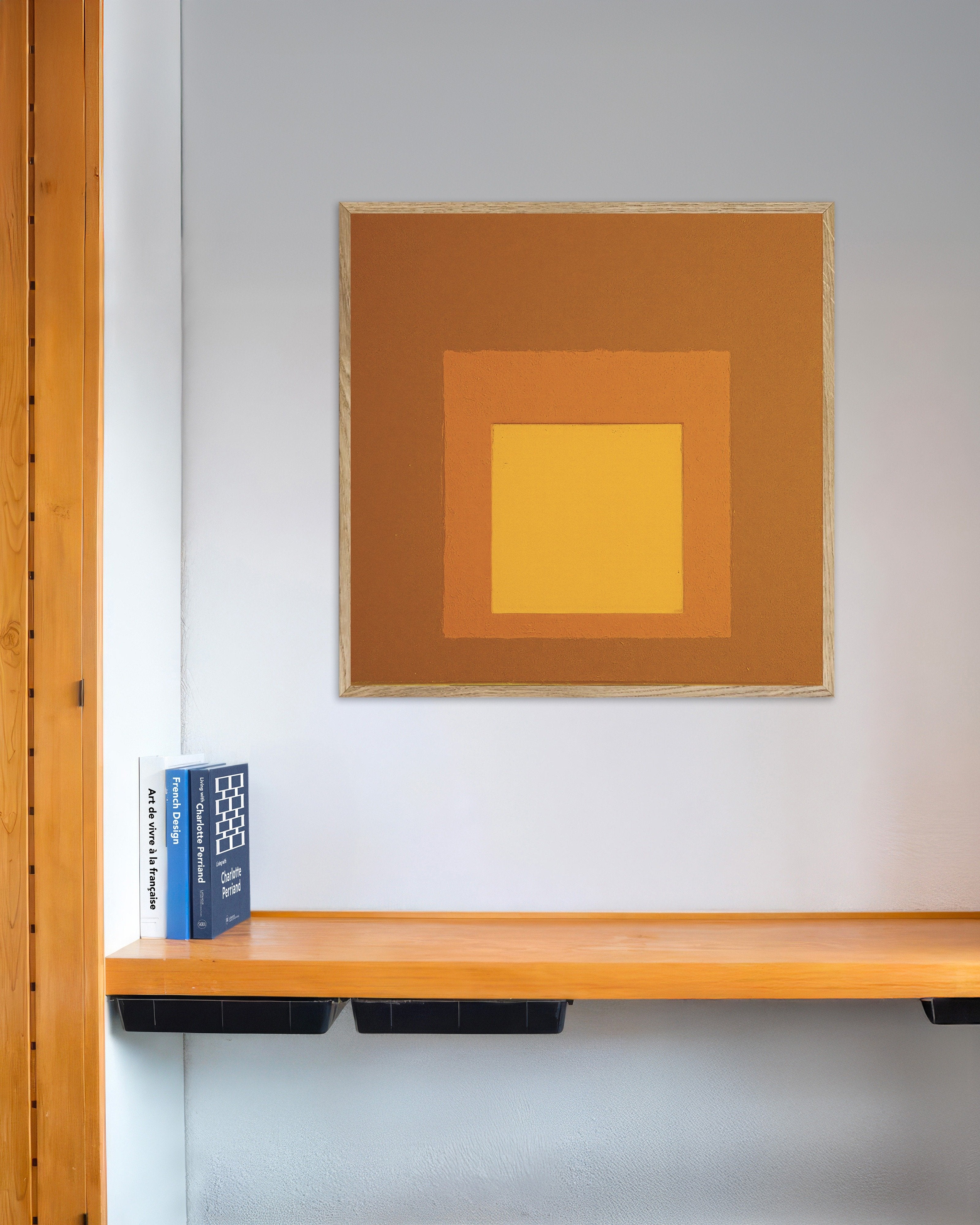 Poster of Three squares in autumn colors, abstract wall art print, with natural wooden frame