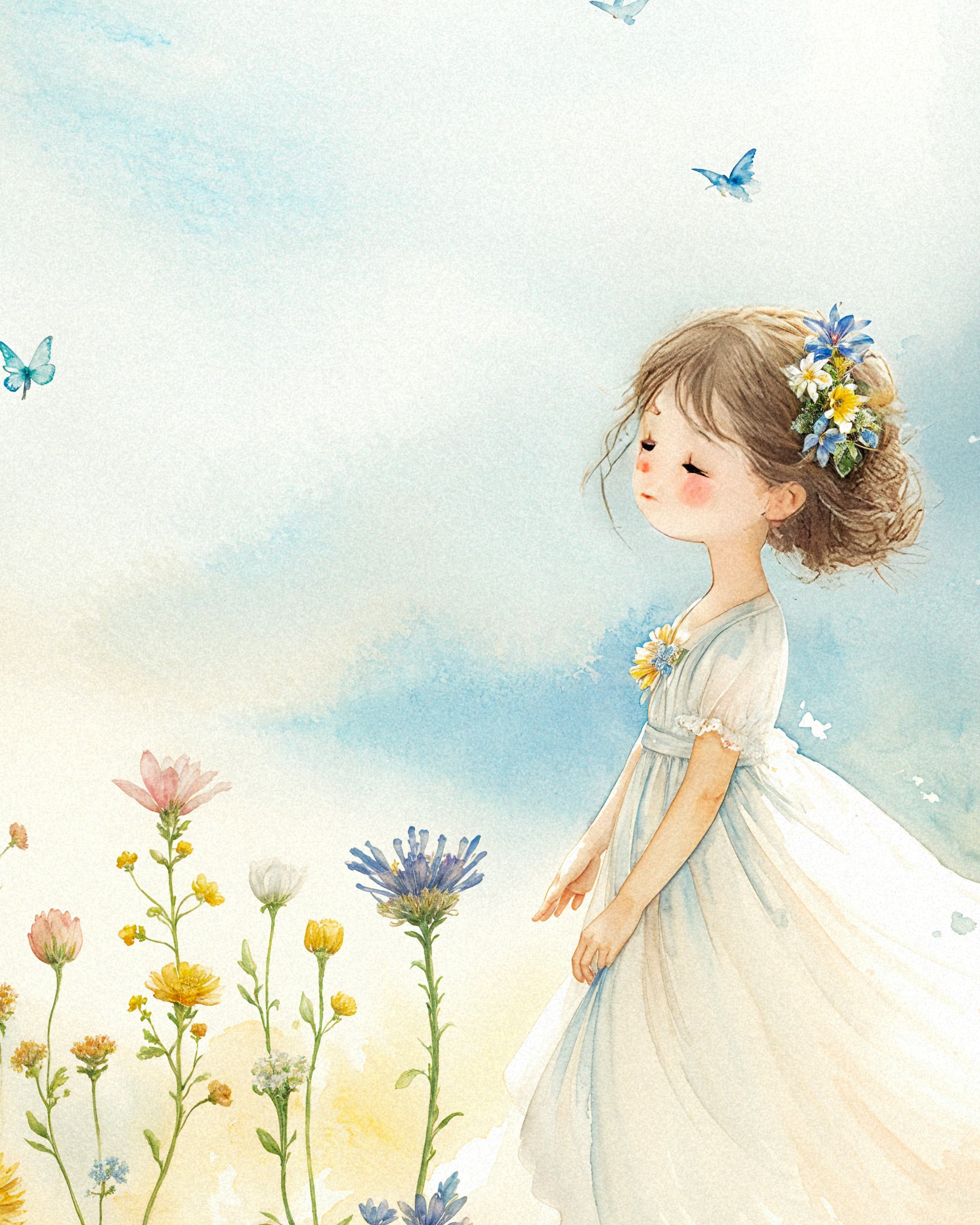 水彩画、若い女の子と花 - ポスター